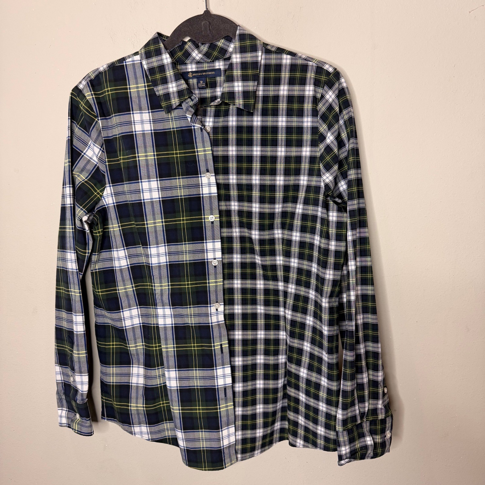Brooks Brothers Mixed Plaid Button Down Shirt Navy Green Yellow Women Size 12