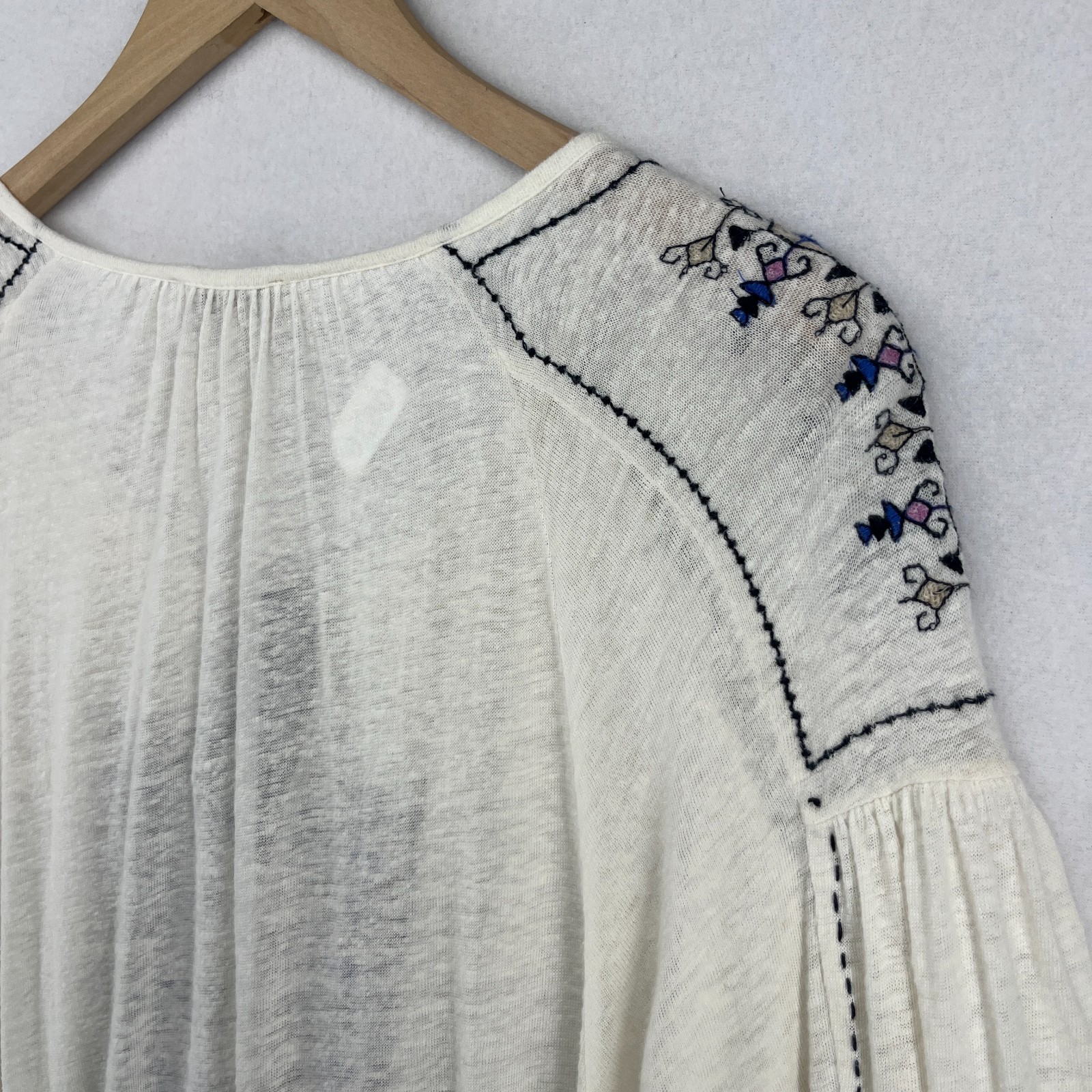 LUCKY BRAND Top 1X Plus Boho Peasant Tunic Tassel Tie Slub Linen Blend Off White