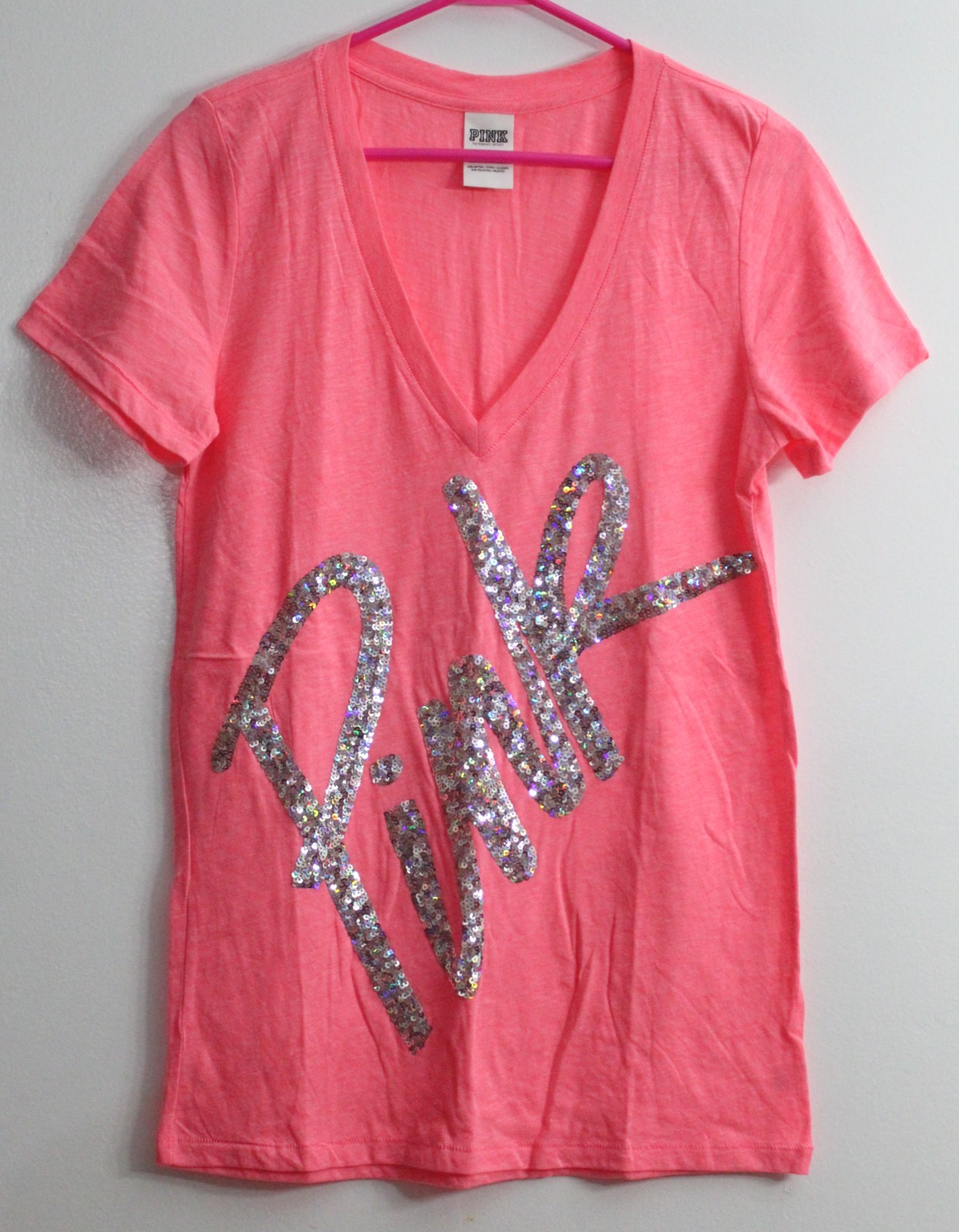 Victoria’s Secret *NEW* Women’s L Pink T-shirt Top With Silver Sequin PINK