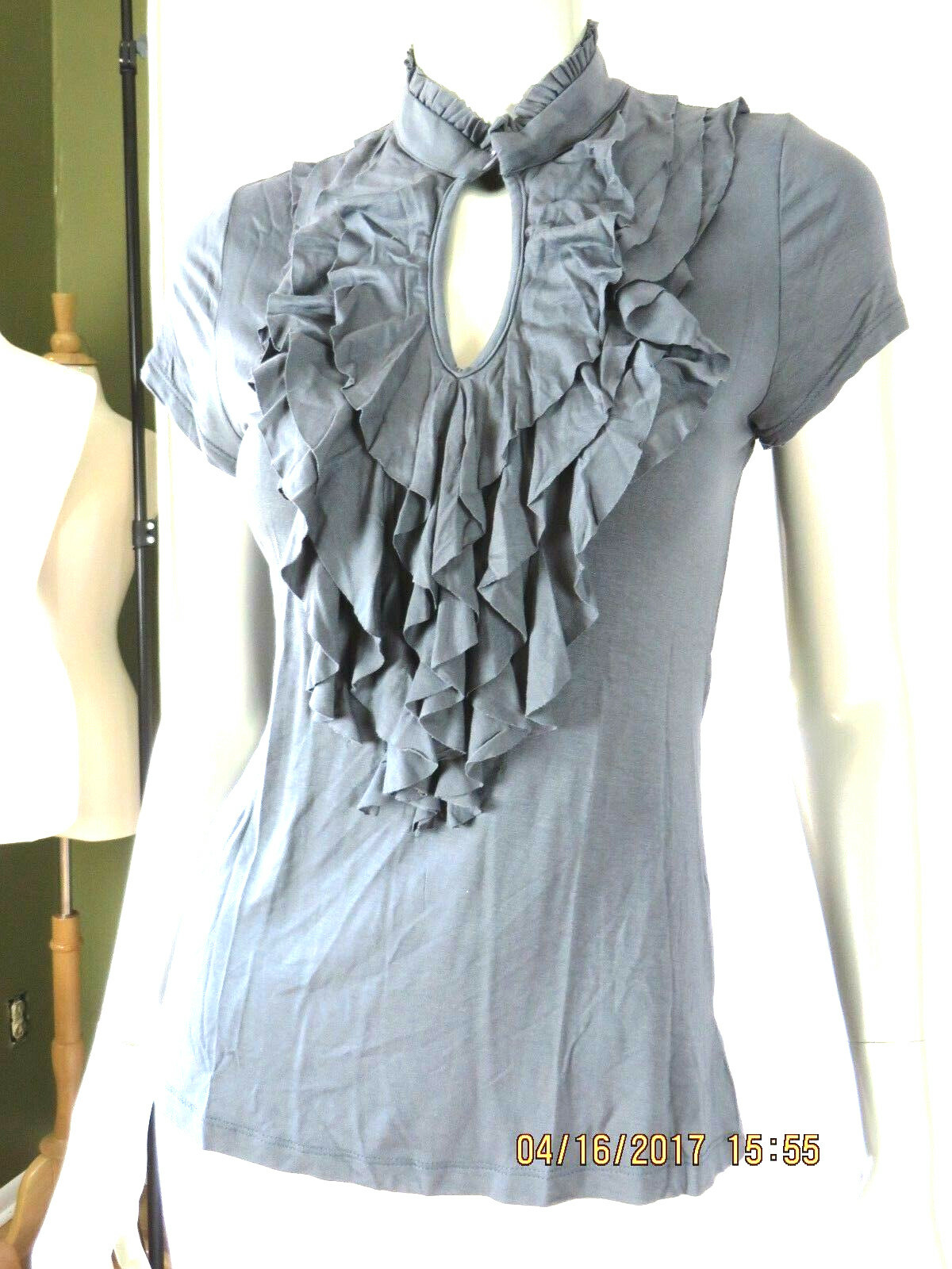 TWENTY ONE SZ S Viscose/Spandex Charcoal Gray Ruffle Shirt High Neck Blouse Top