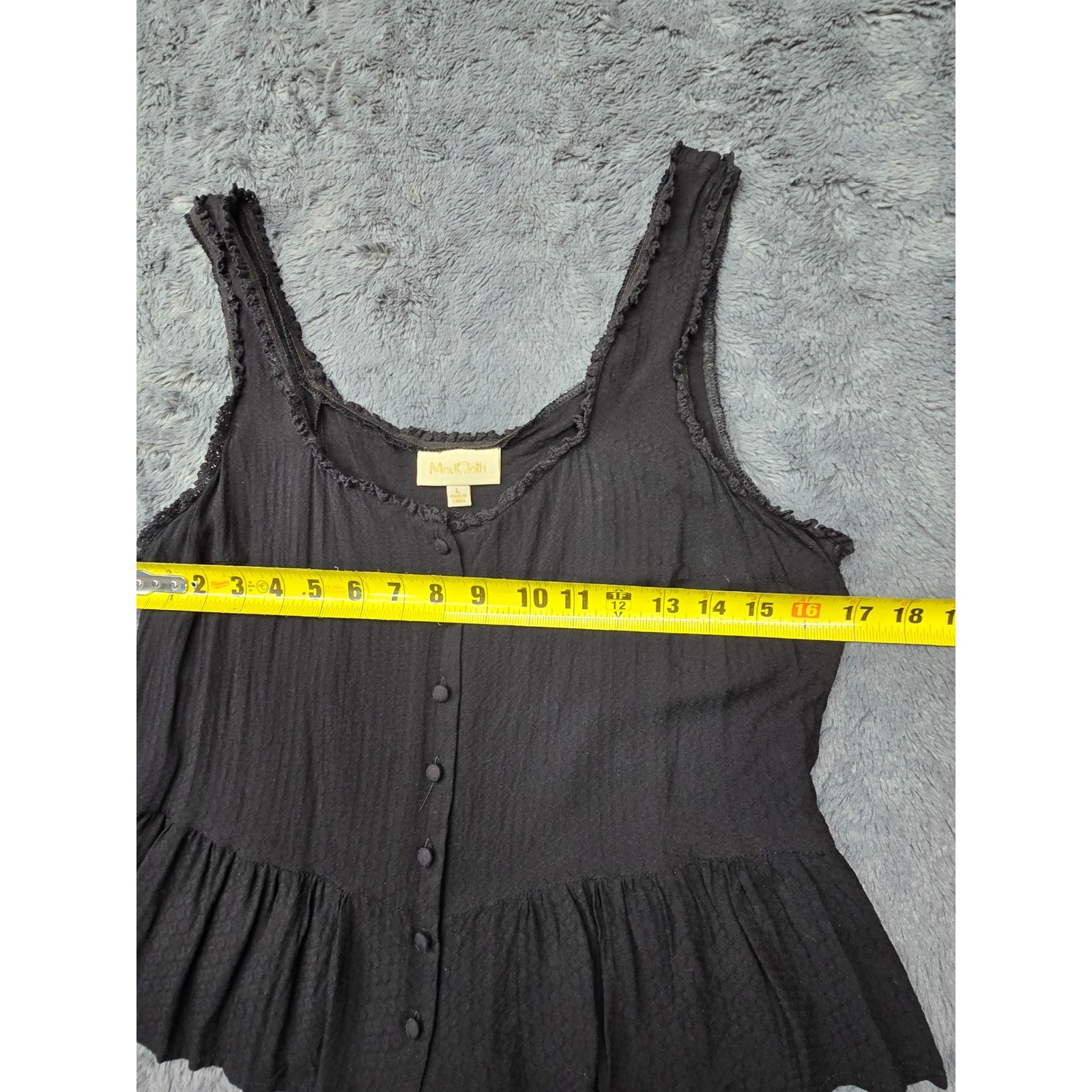 ModCloth Black Peplum Button Front Tank Top Crochet Trim Rayon Large