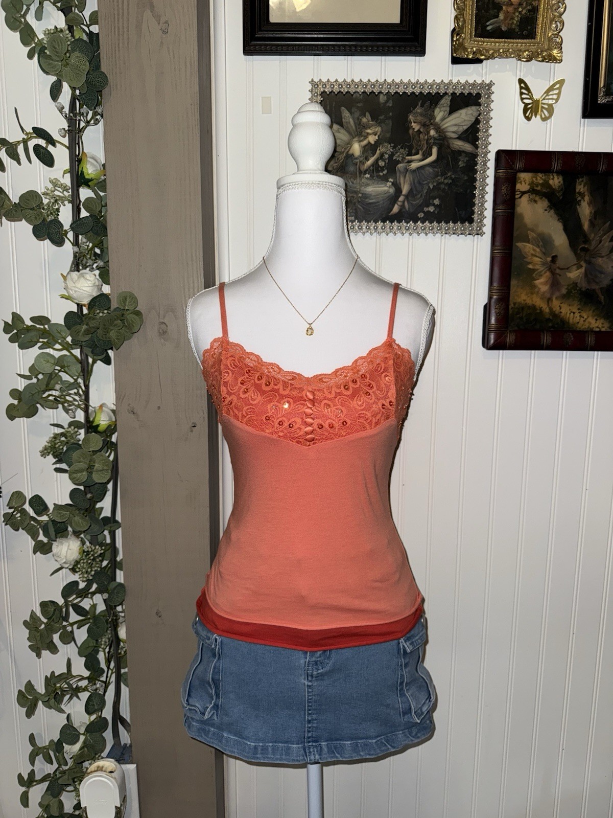 Mixit Y2K Lace Sequin Cami Tank Top Pink Coral Button Front Women’s XS