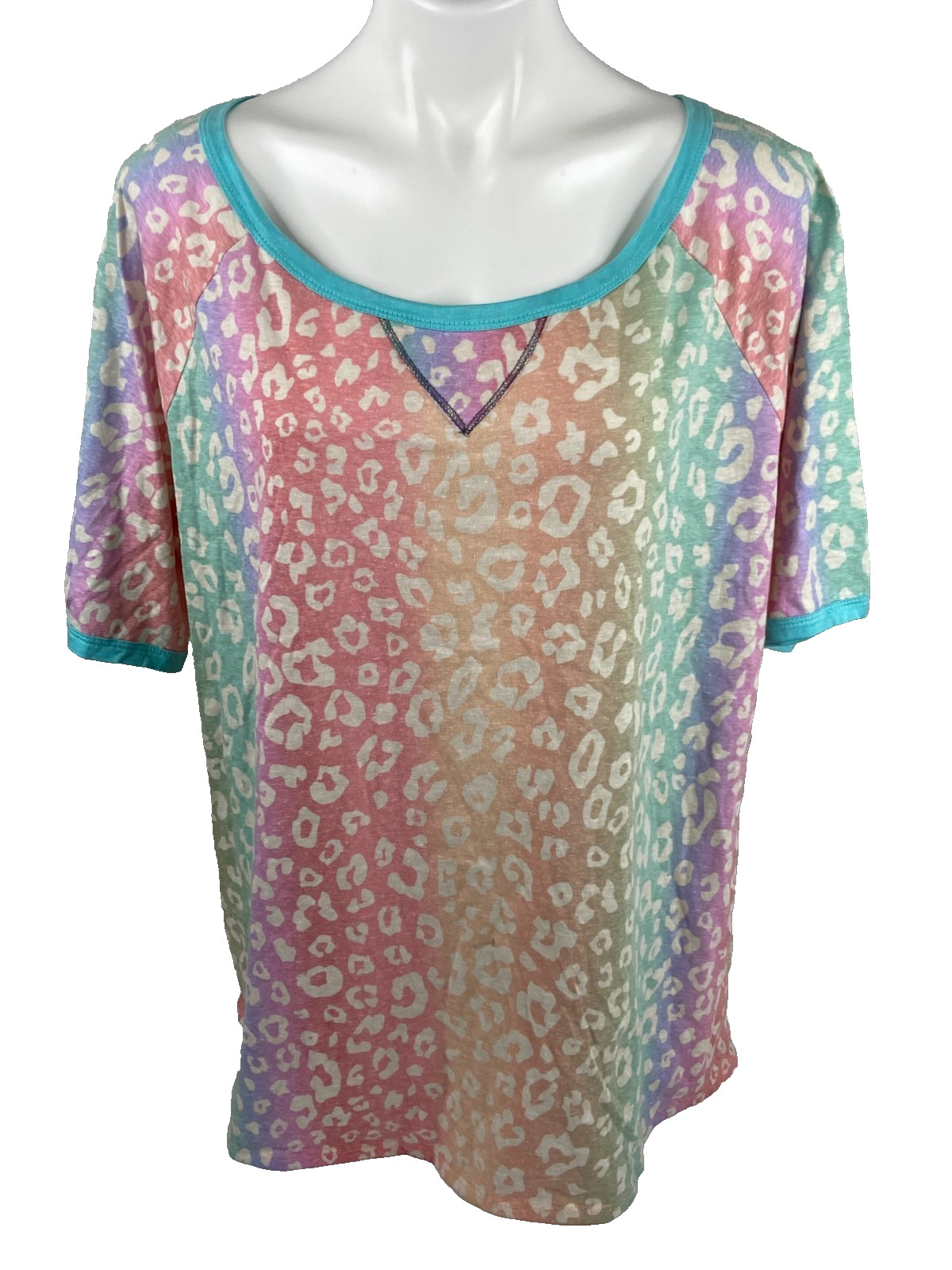 Bibi Women XL Rainbow Leopard Print Top T Shirt Multi Color Casual NWT