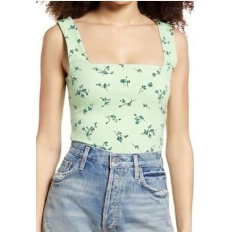 Leith Nora Floral Tank Top Size S Green Veranda Square Neck Cropped Sleeveless