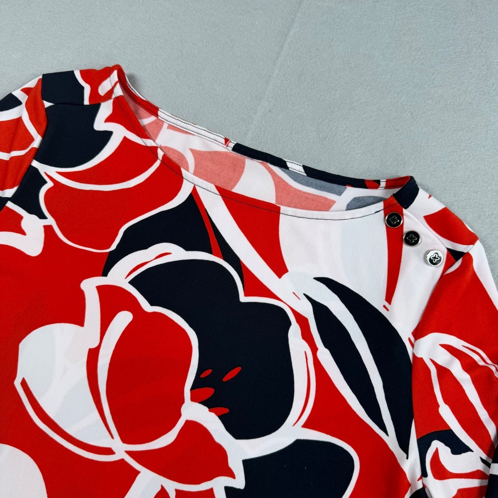 Womens Floral Boat Neck Top Navy Red White 3/4 Sleeve Button Shoulder Blouse