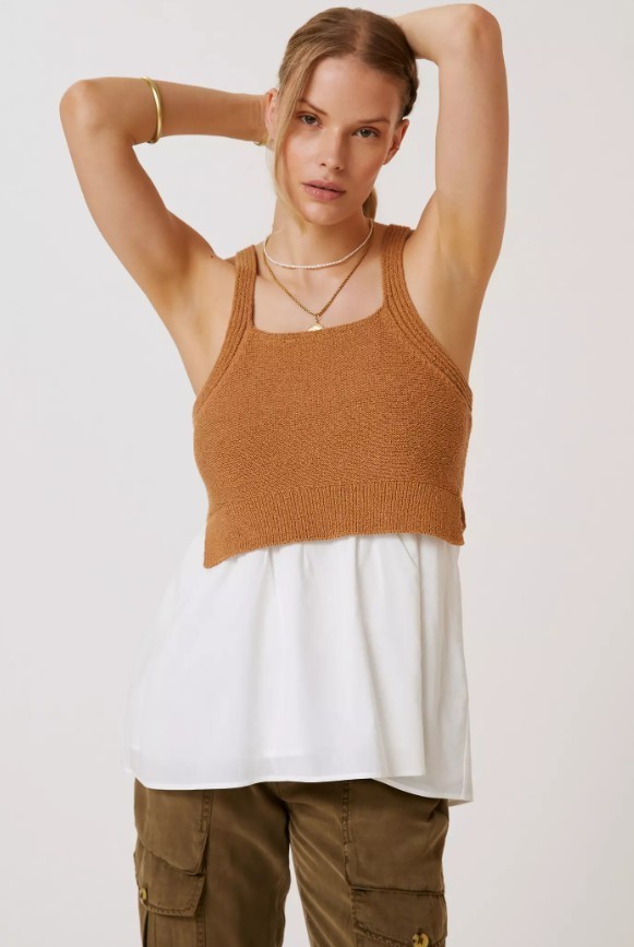 NWT By Anthropologie Jenna Twofer White & Brown Sweater Knit Tank Top Size XS