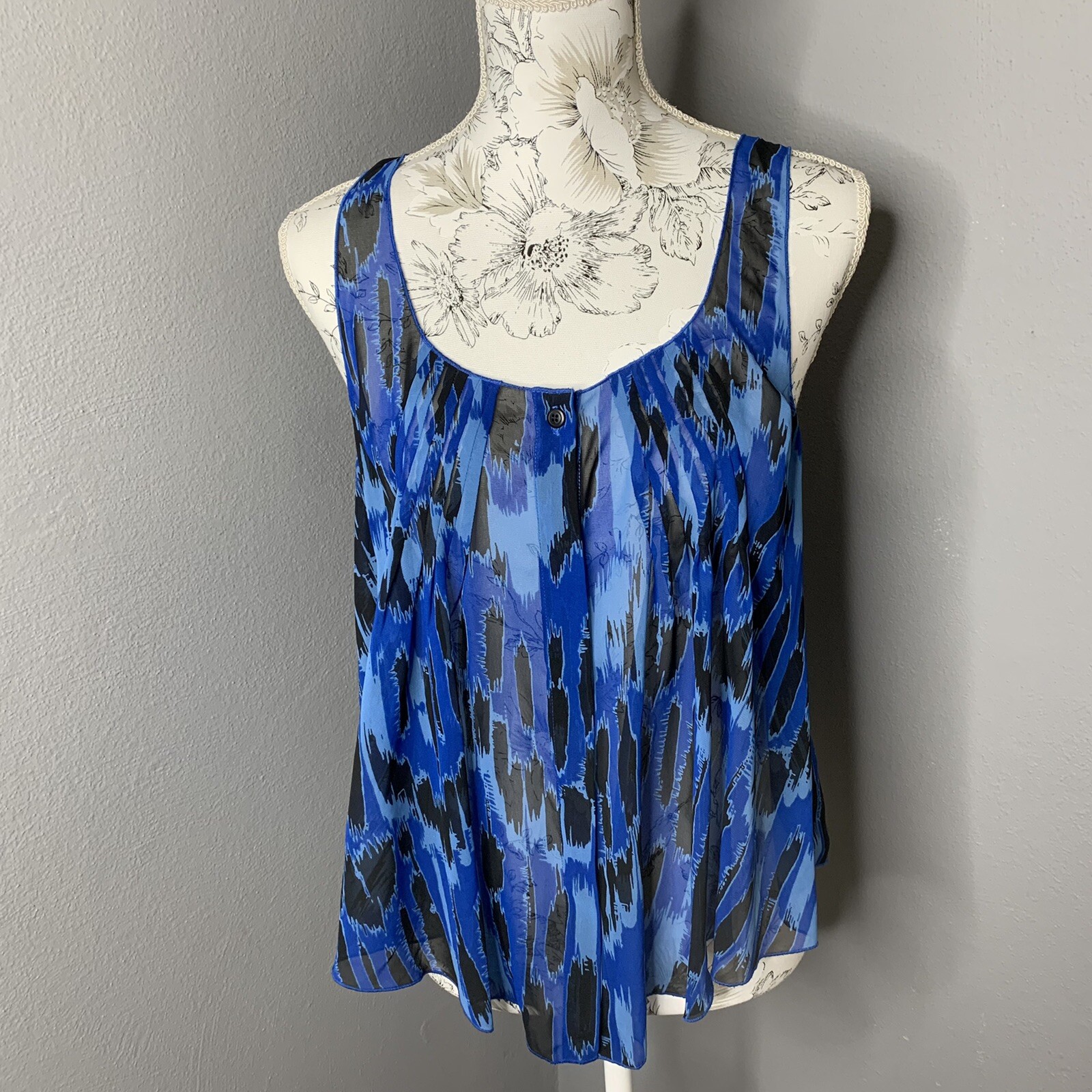BCBGeneration Blue & Black Sheer Tank Top Flowy Boho Festival Size Small