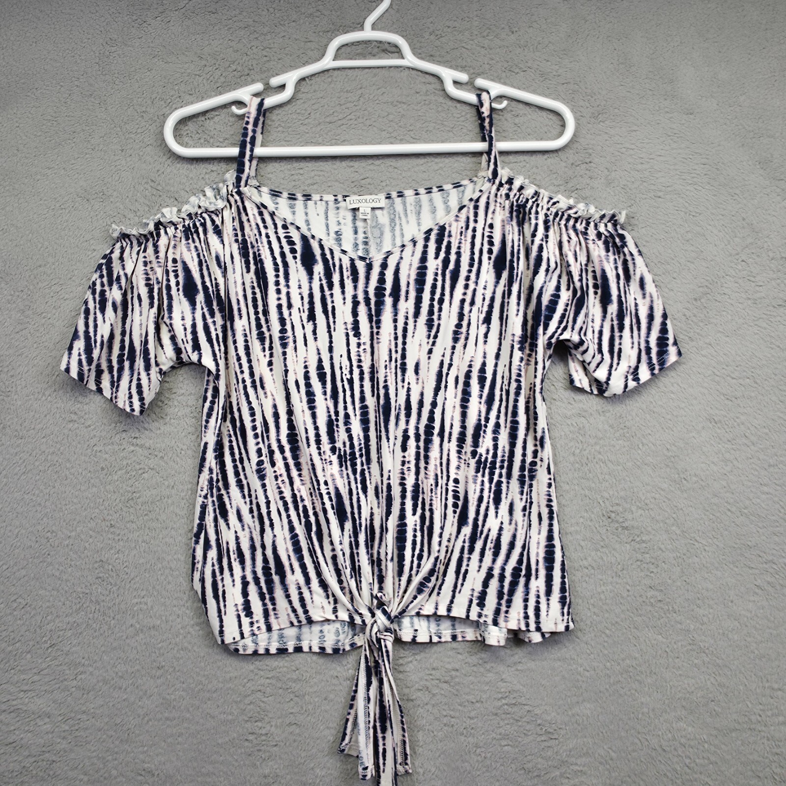 Luxology Top Womens L Blue White Cold Shoulder Ruffle Tie Hem Tie Dye Stretch