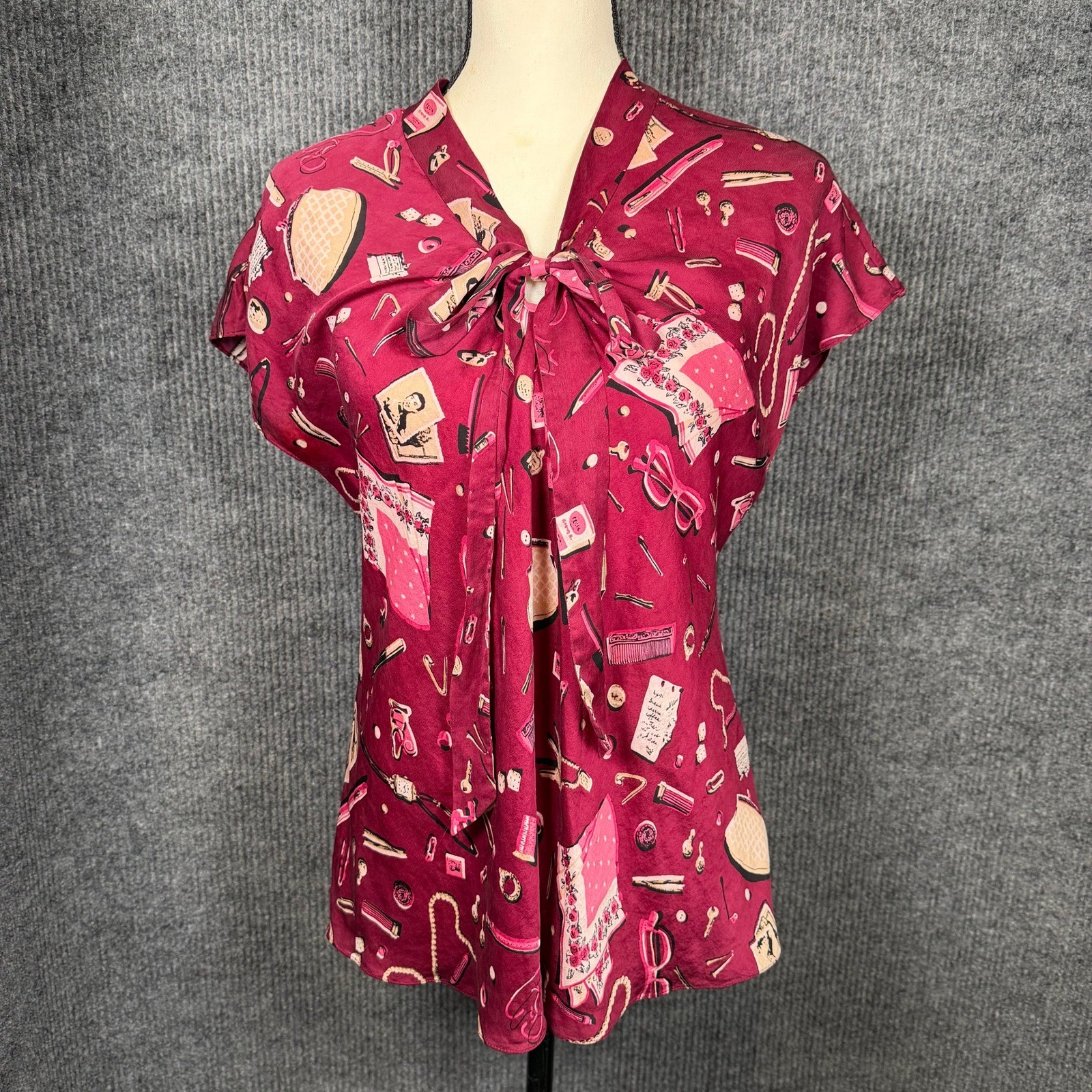 Talbots Silk Novelty Blouse Womens XL Wine Red Feminine Kitschy Vanity Trinkets