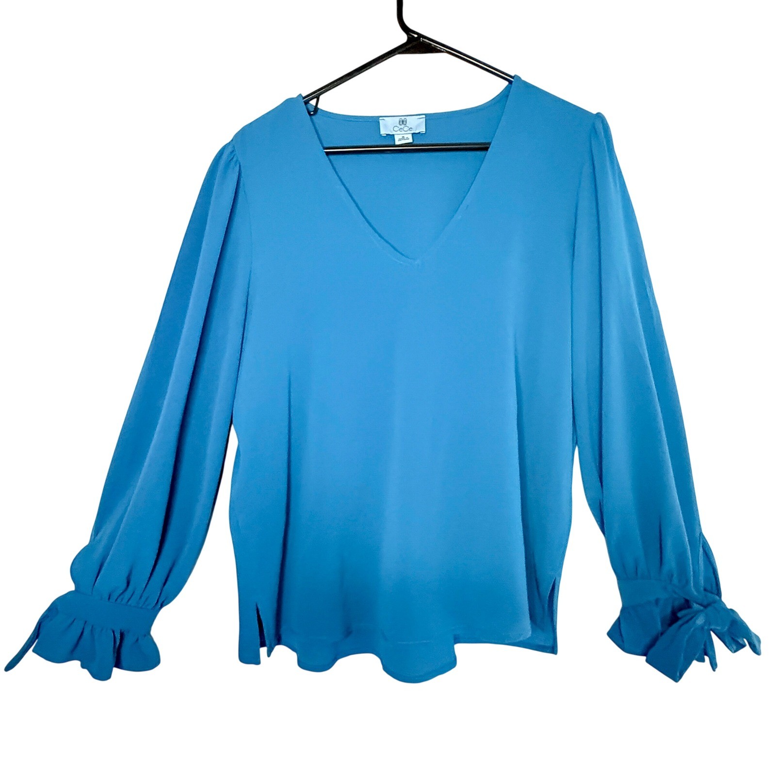 CeCe Tie Cuff Blouse Women’s M Blue V Neck Long Sleeve Office Career Chic