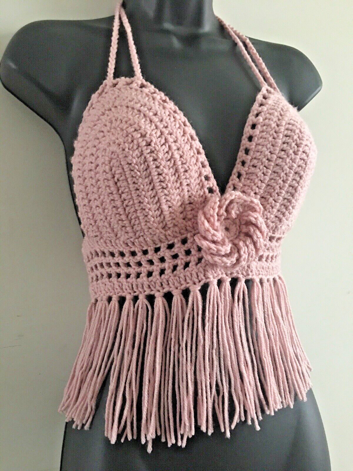 LOW PRICE TOP HANDMADE CROP TOP HALTER TOP BRALETTE FRINGE CORSET BLUSH PINK