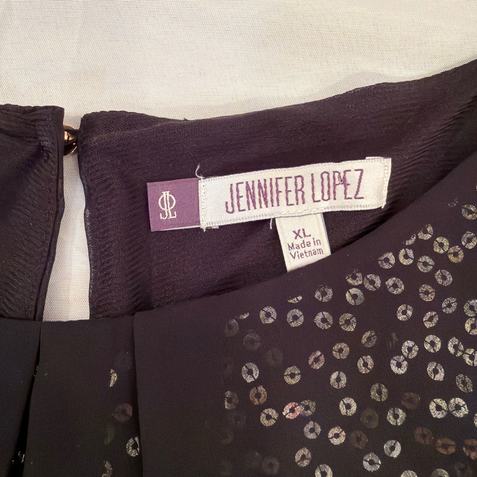 Jennifer Lopez Black Sequin Pleated Blouse Sheer Split Sleeve Top XL