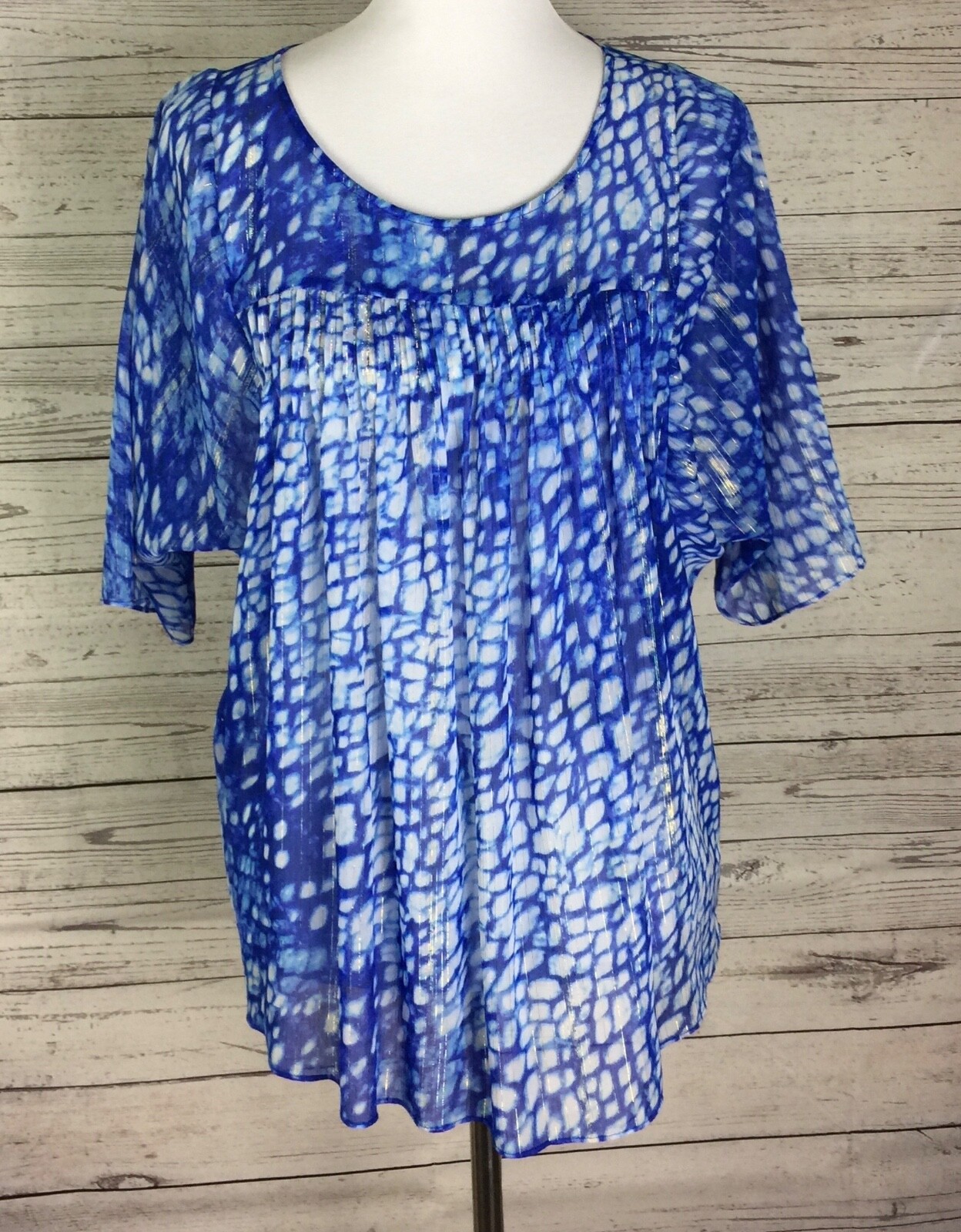MICHAEL KORS Women’s Blue White Gold Metallic Sheer Pleated Blouse Top Size M