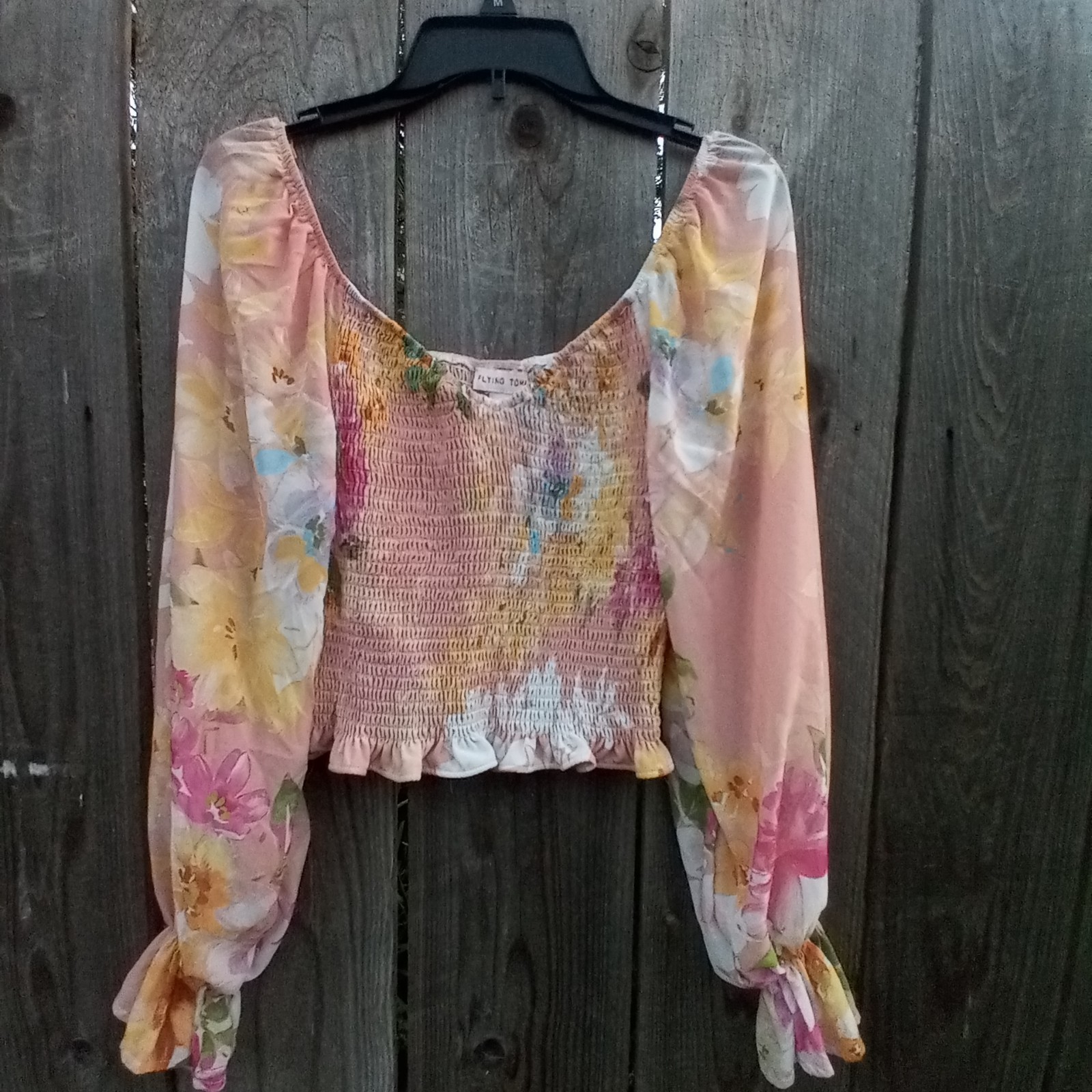 Smocked Bodice Long Sleeve Crop Top Flying Tomato M Ruffle Cuff Flowy Pullon