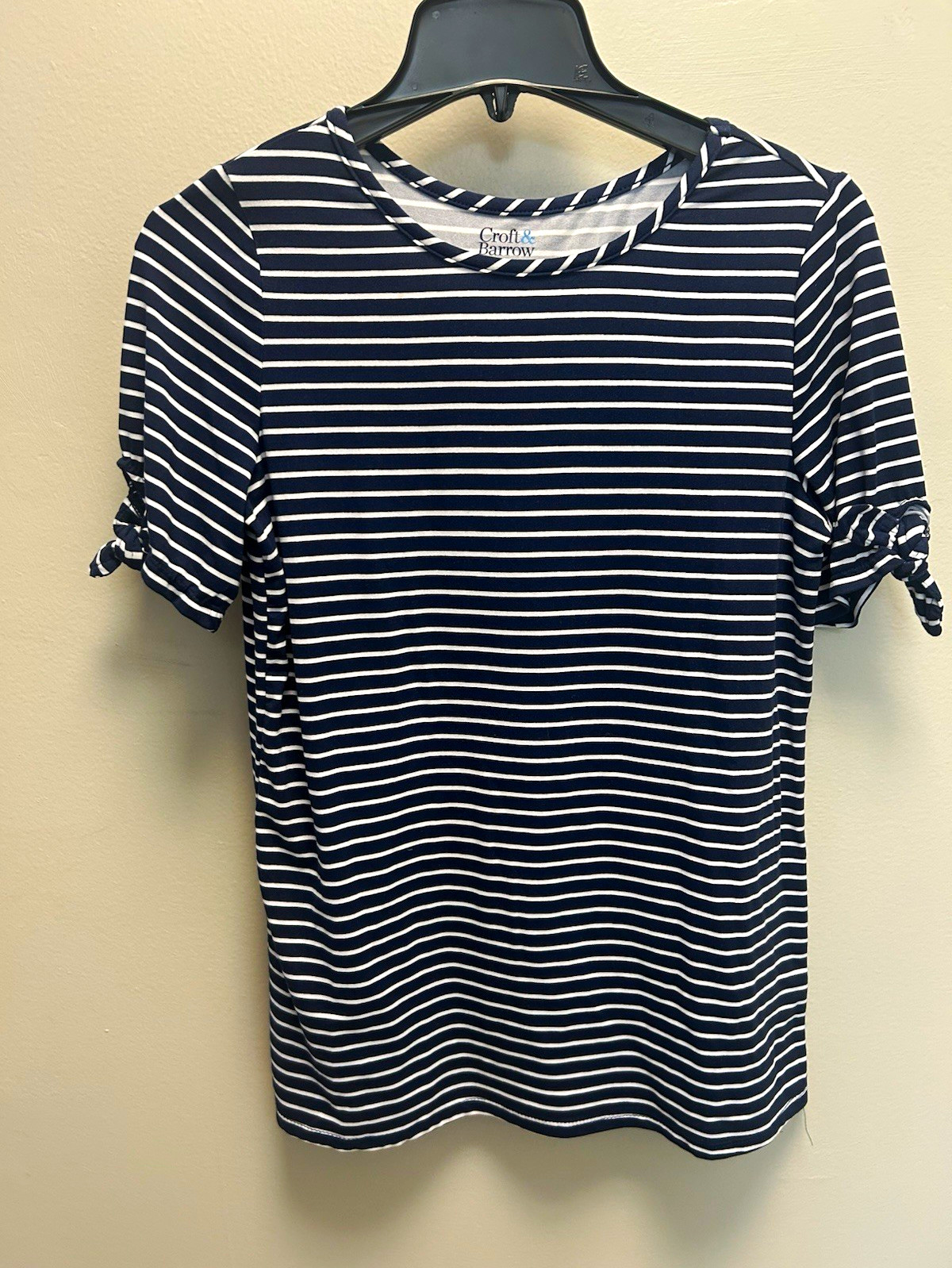 Croft & Barrow M Navy & White Striped Knit Tie Cuff Short Sleeve T-Shirt