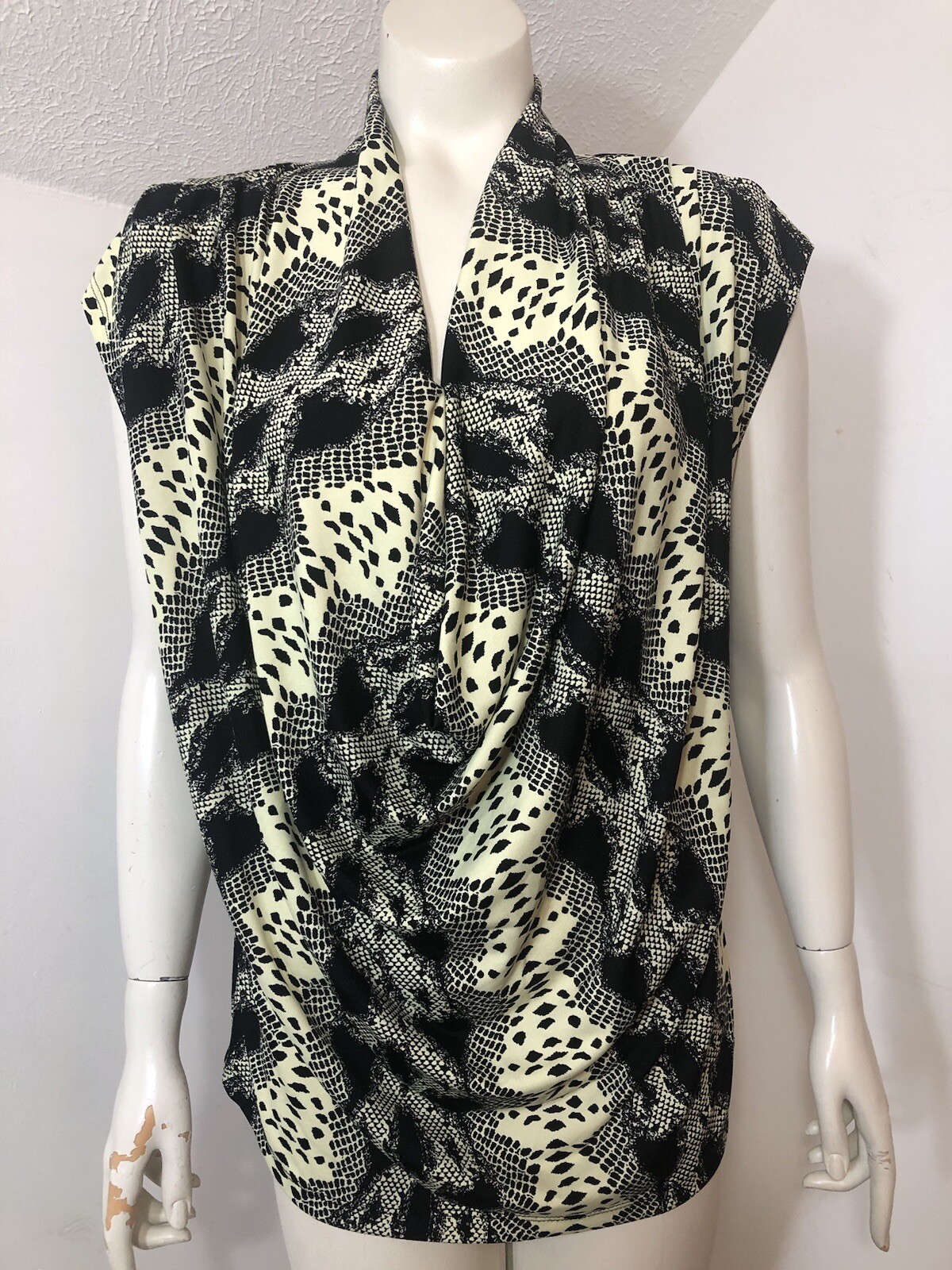 eci New York Womens Medium Sleeveless Blouse Animal Print Draped Neck