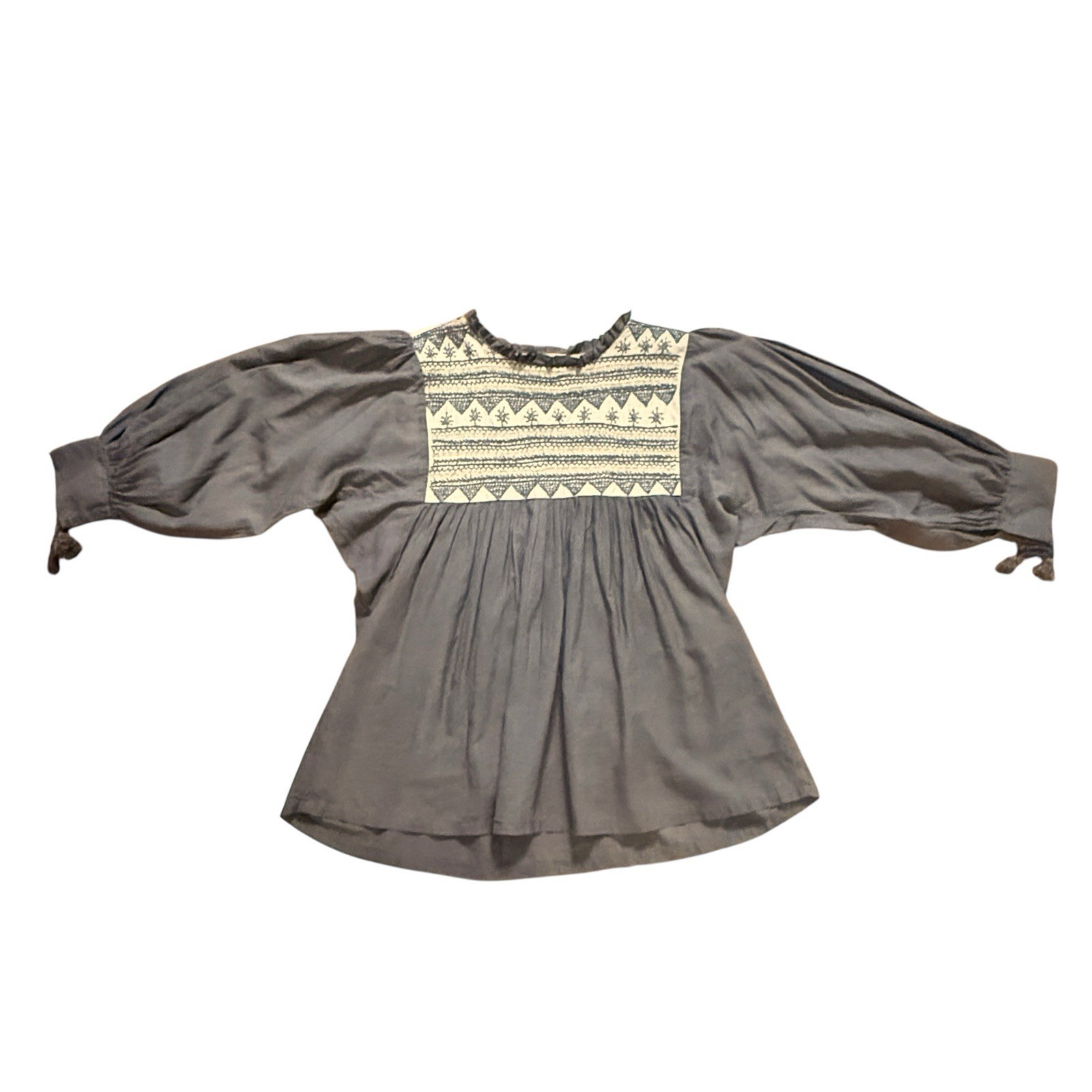 Alamwar Walk The Earth Embroidered Boho Peasant Long Sleeve Top Small Gray Beige