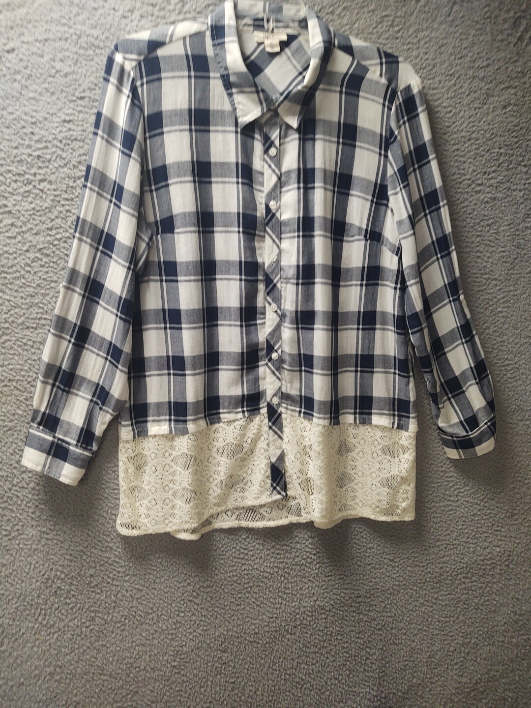 Style & Co Shirt Womens XL Blue White Plaid Lace Oversized Blouse Top 1084