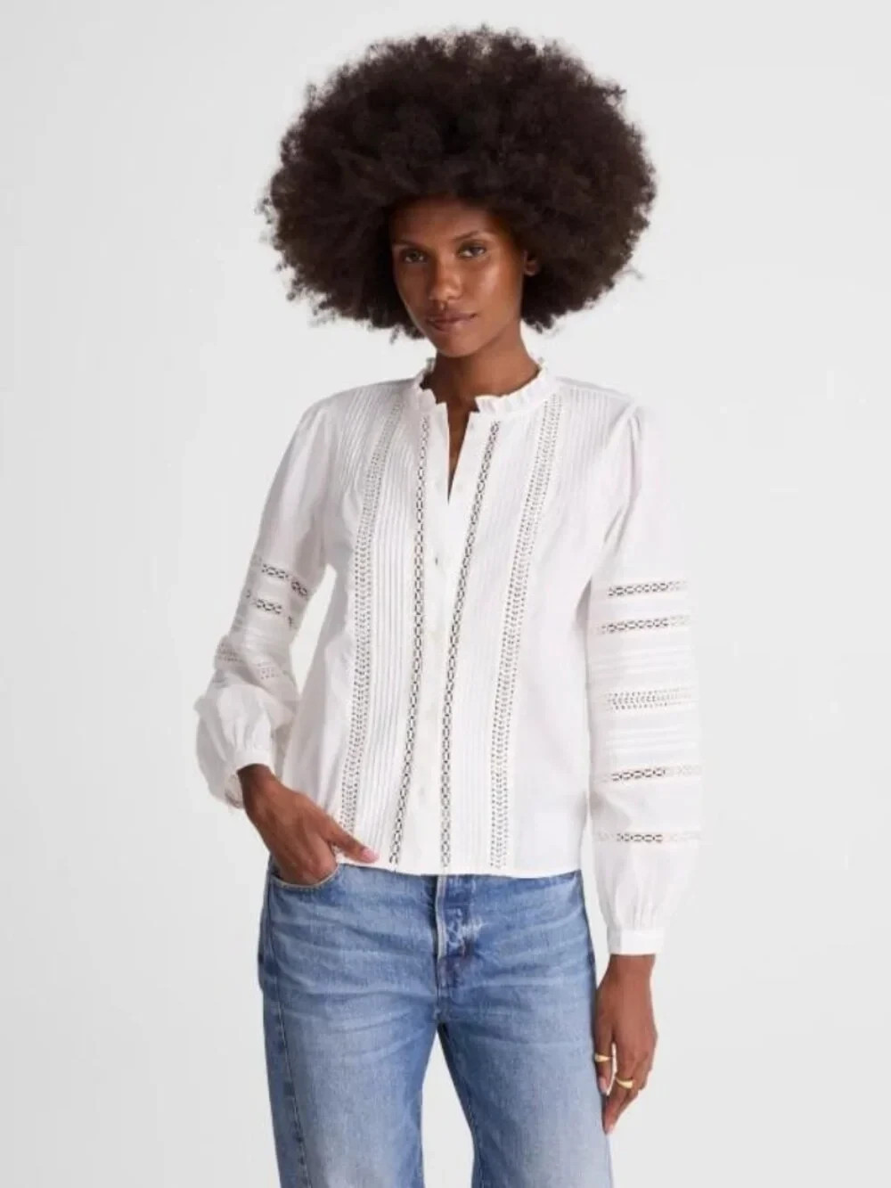 Madewell White High-Neck Lace-Insert Long Sleeve Pintuck Button Down Shirt S NWT