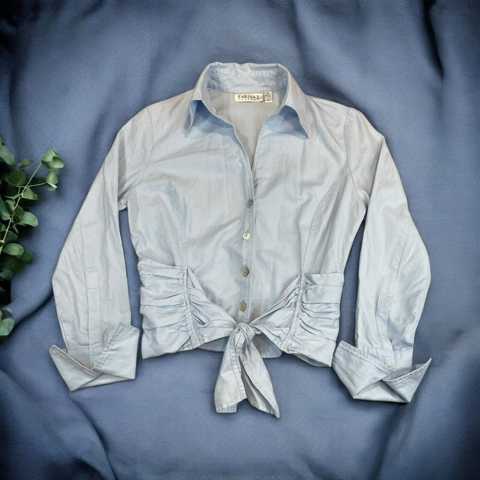 Farinaz Taghavi Blue Ruched Front Button Tie Blouse Women’s Size 4 Quiet Luxury