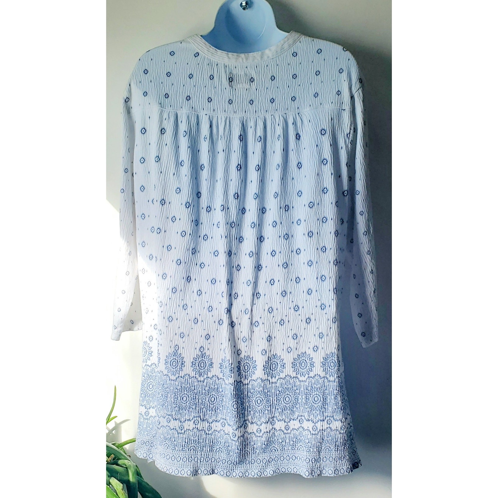 Blue Mountain Womens White and Blue 3/4 Sleeve Cotton Tunic Sizee Large Boho