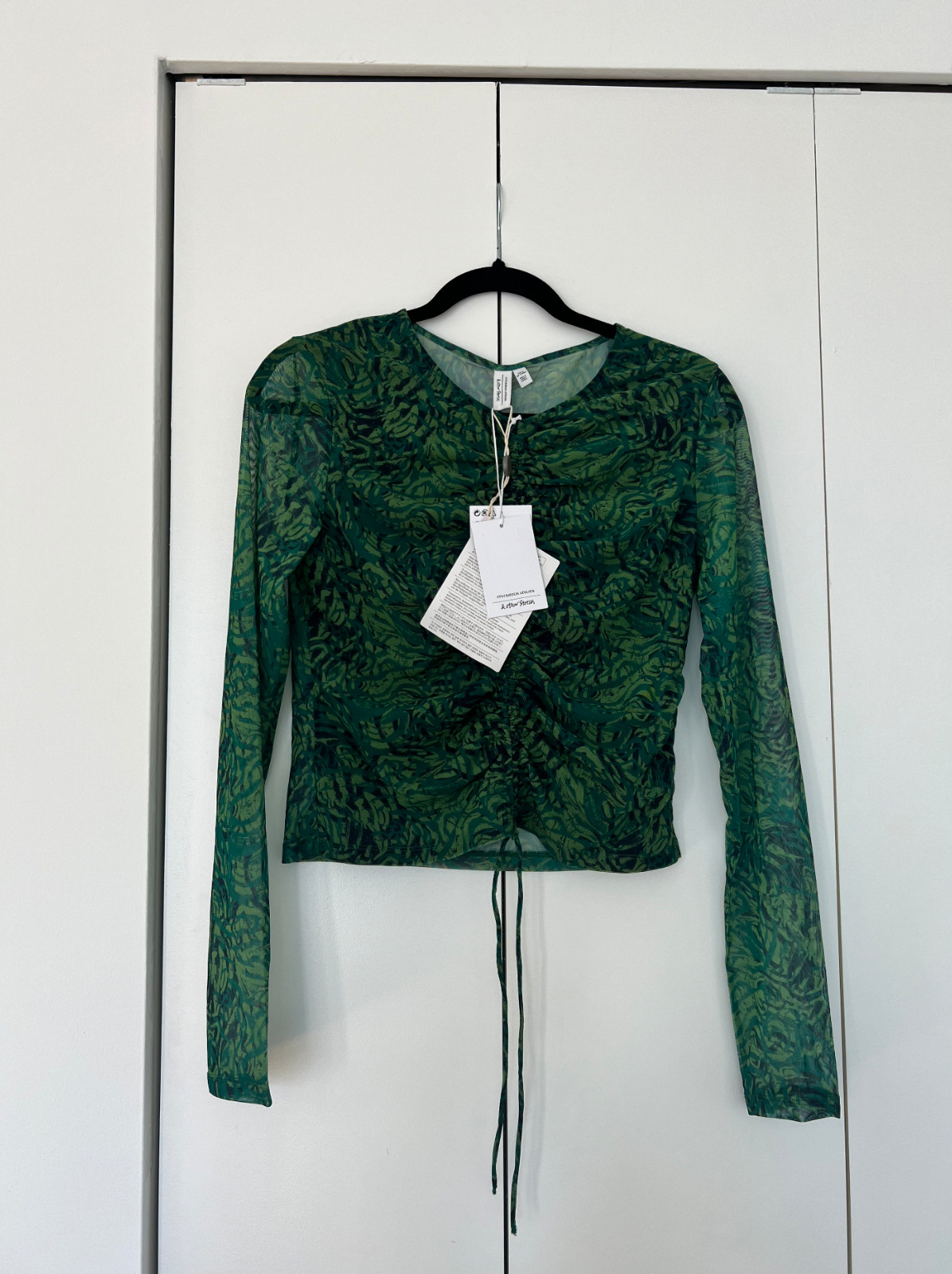 NWT & Other Stories Fitted Drawstring Green Mesh Top Size Medium