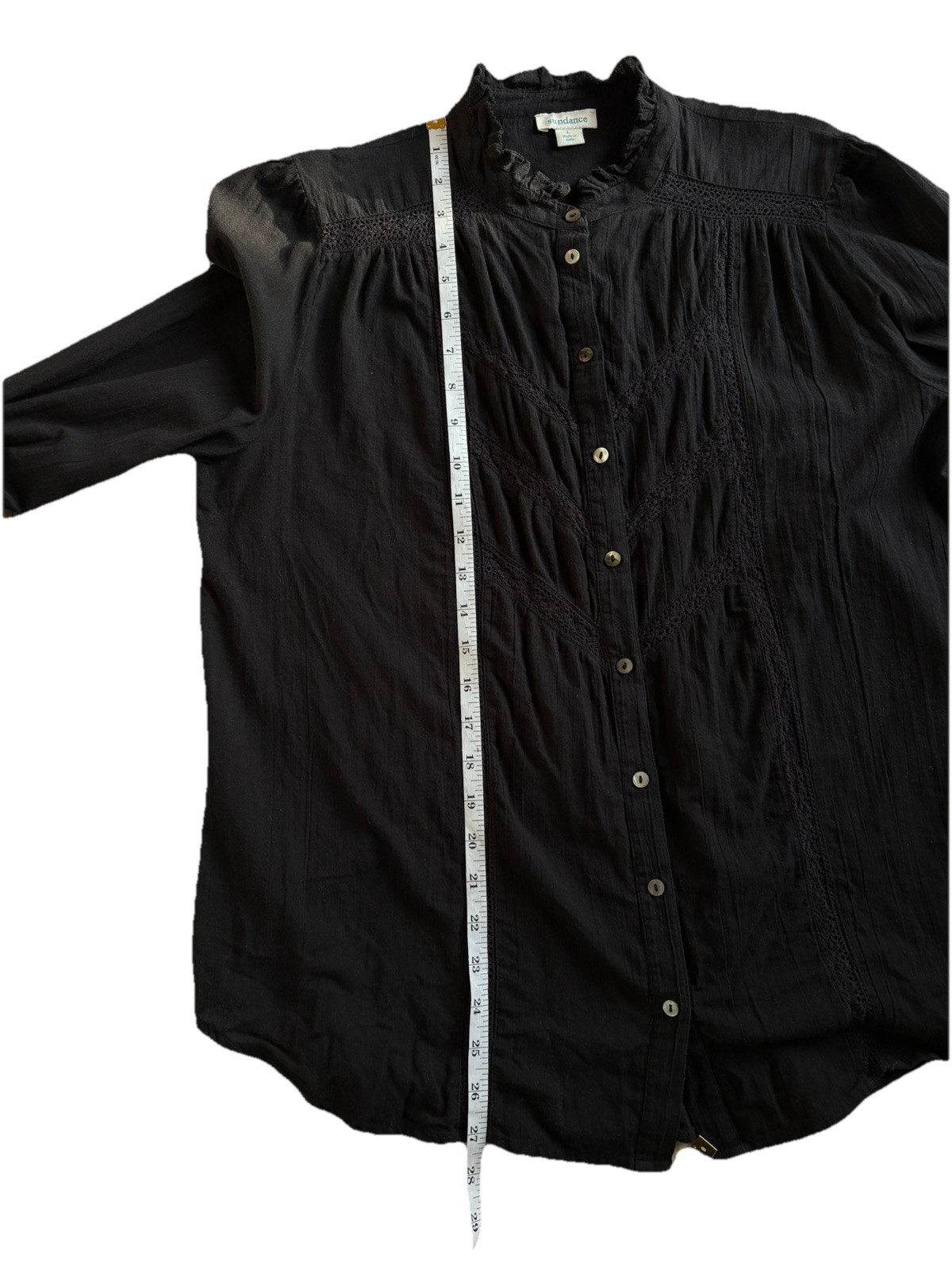 Sundance Cotton Crochet Ruffle Button Up Blouse Black Boho M Pearl Style Button