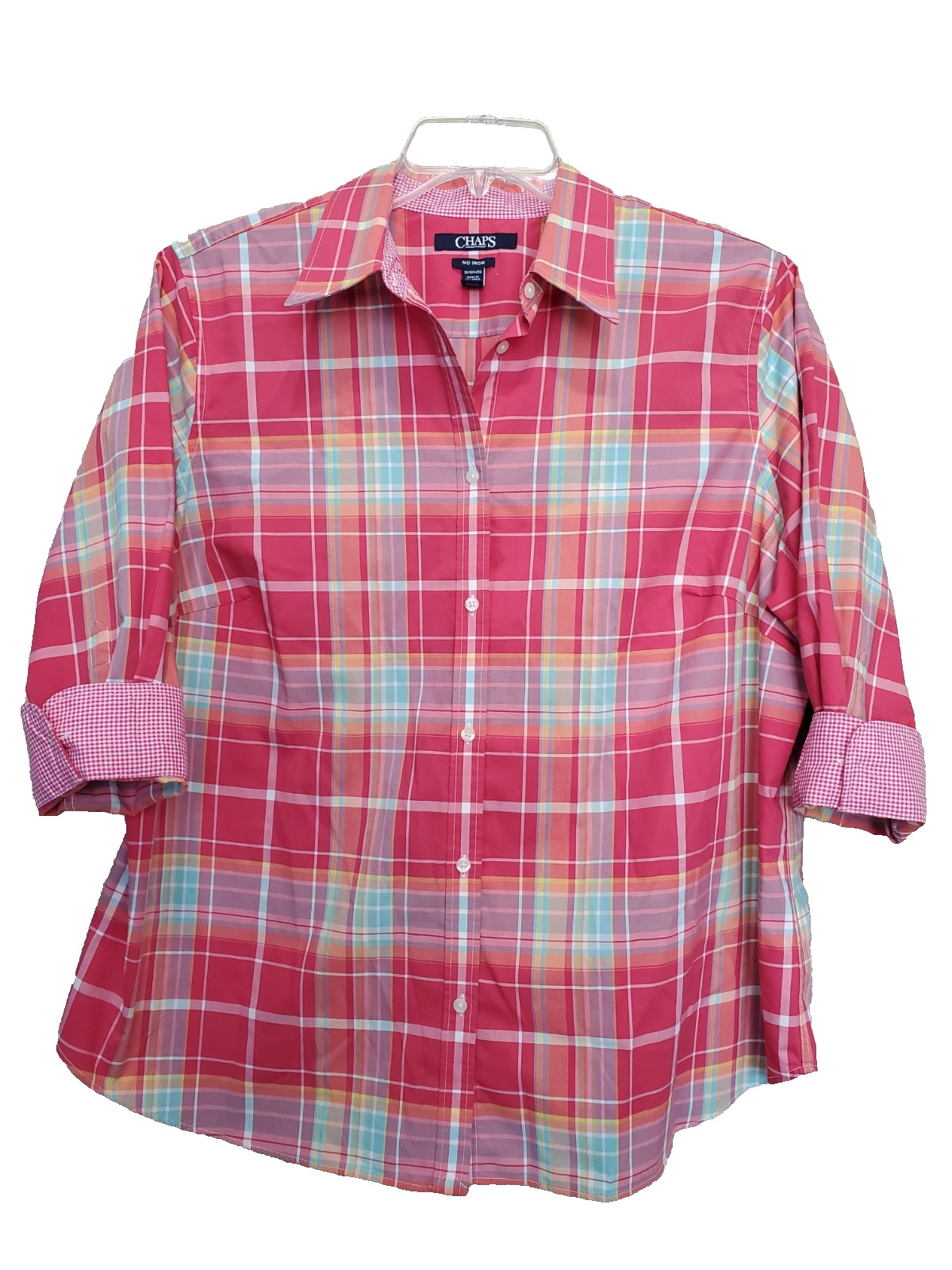 Chaps Plaid Flip-Cuff No-Iron 100% Cotton 3/4 Sleeve Button-Up Shirt Size 1X