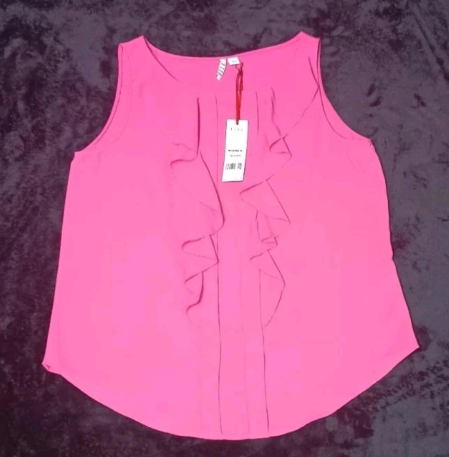 NWT! Elle Sleeveless Ruffled Blouse M Hot Pink Office Siren Business Barbiecore