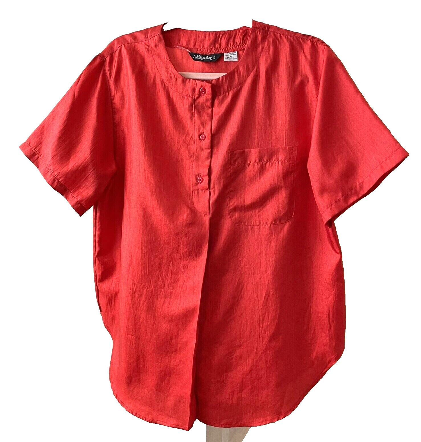 Vintage ASHLEIGH MORGAN shine RED TOP BLOUSE SHORT SLEEVES Tapered Sz MEDIUM LB2