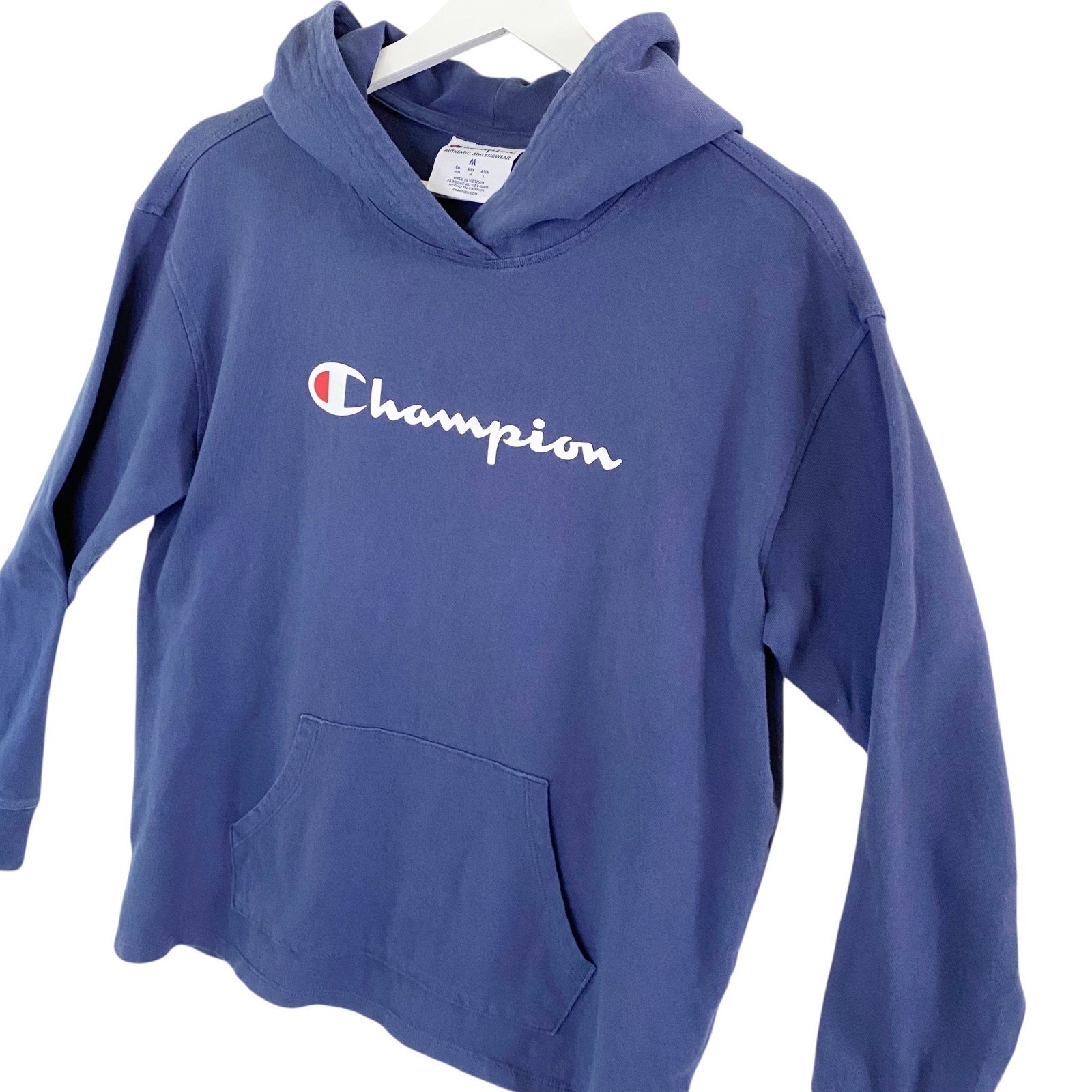 Champion Shirt Womens Medium Hooded Long Sleeved Blue Pocket Athleisure