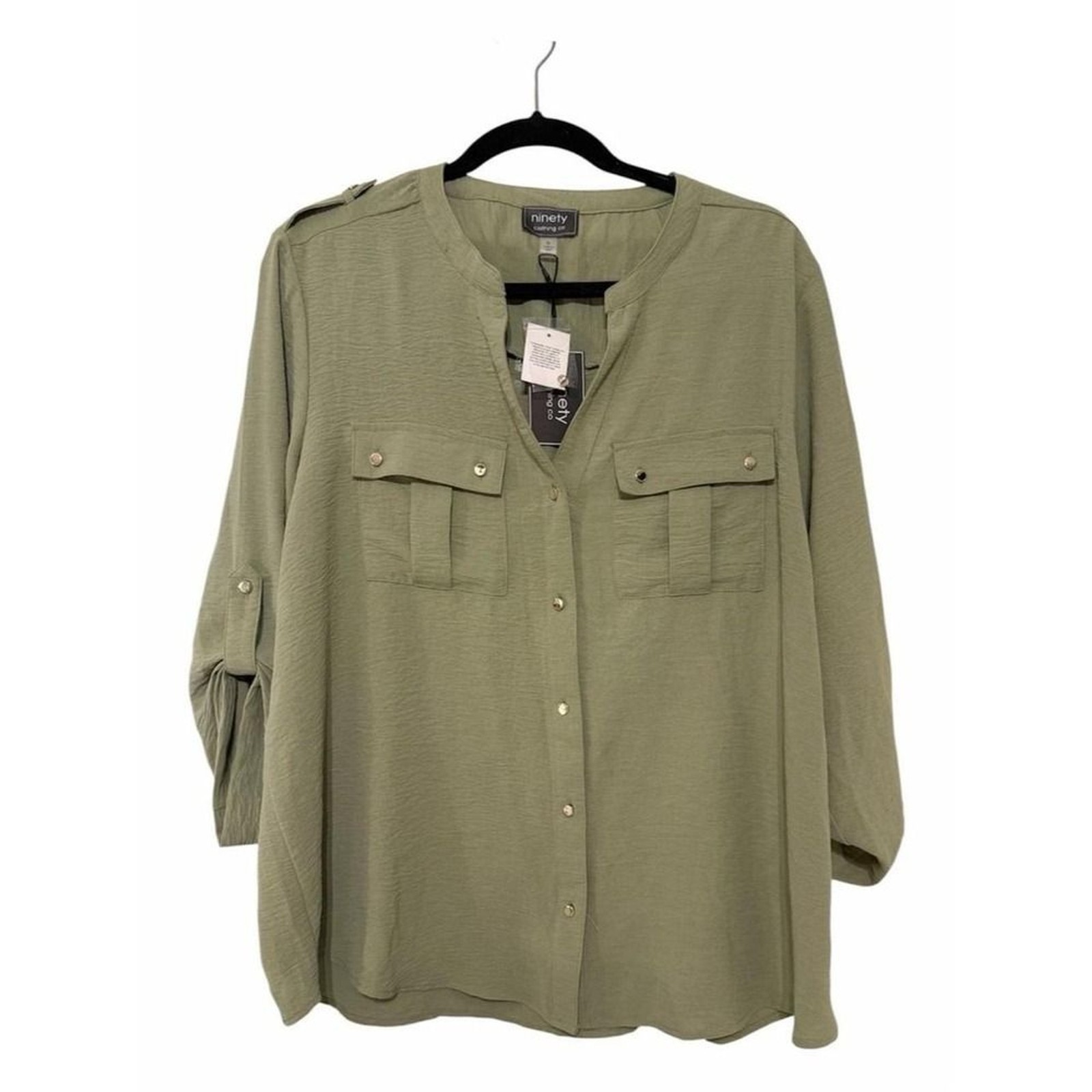 Ninety Clothing Co Olive Green Utility Blouse XL Roll Tab Sleeve Button Top NWT