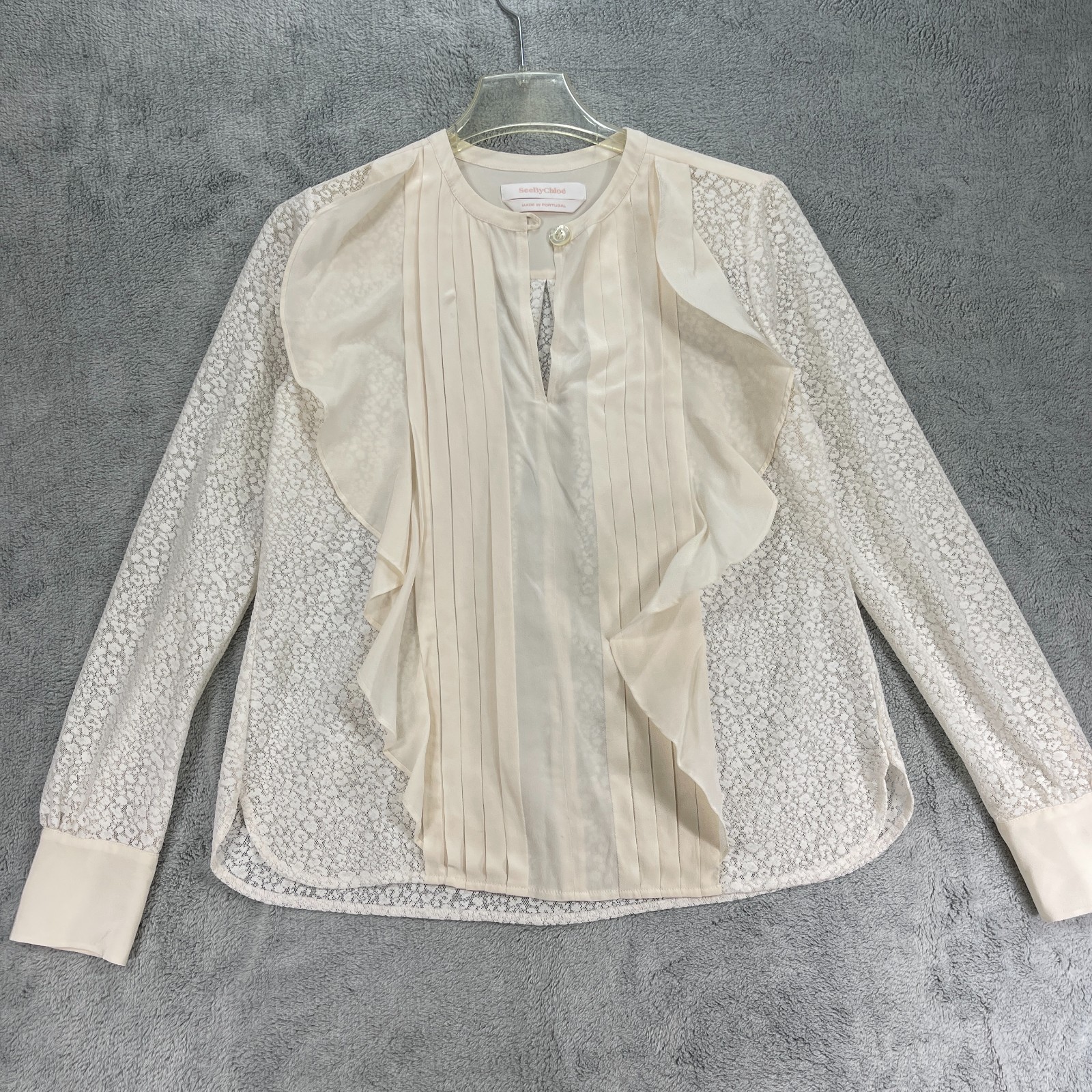 See By Chloe Blouse Top Womens Beige Lace Floral Split Neck Pleated Ruffle Front