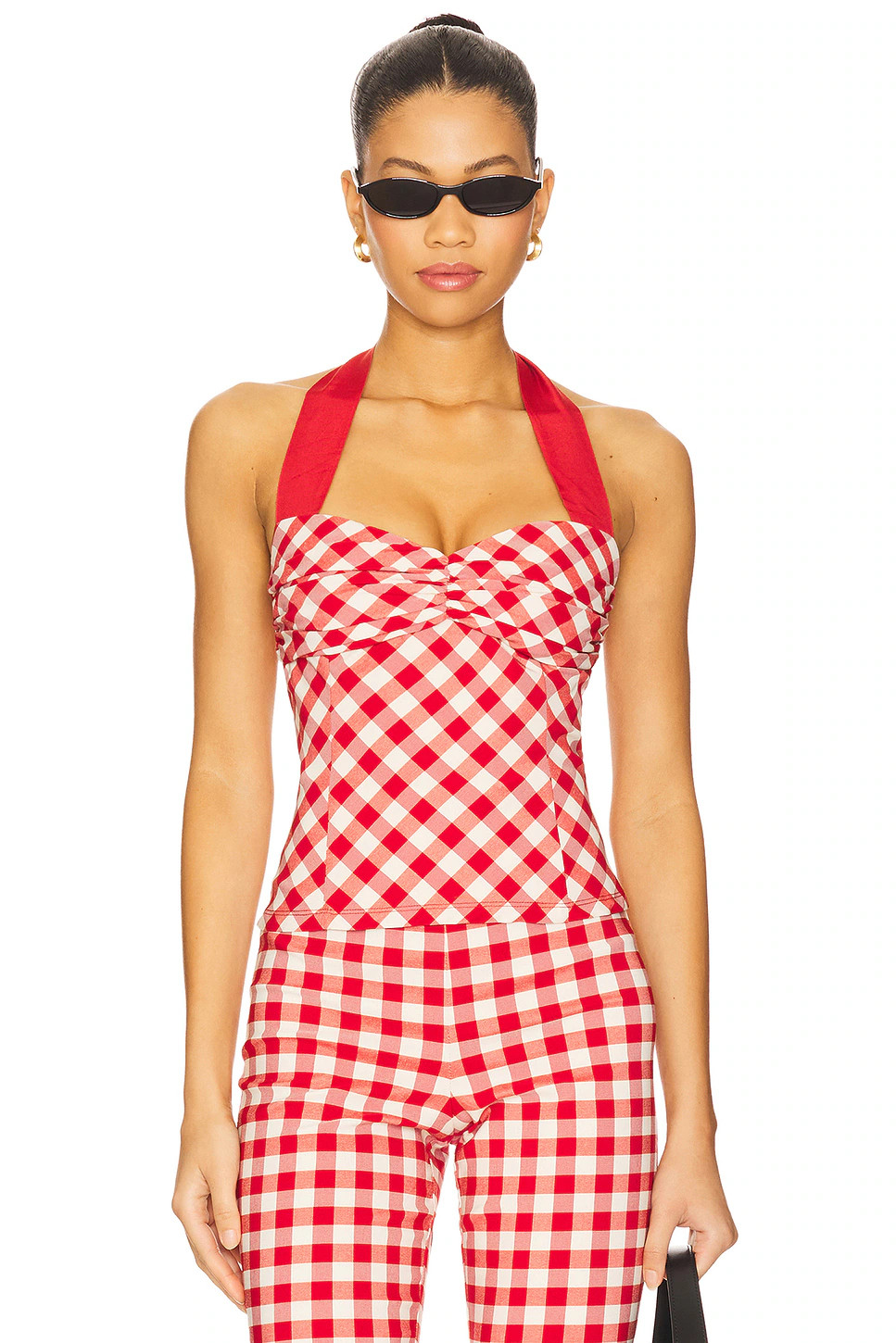LPA Lizzie Top Red Gingham Print Halter Ruched Blouse Women’s Size S NWT