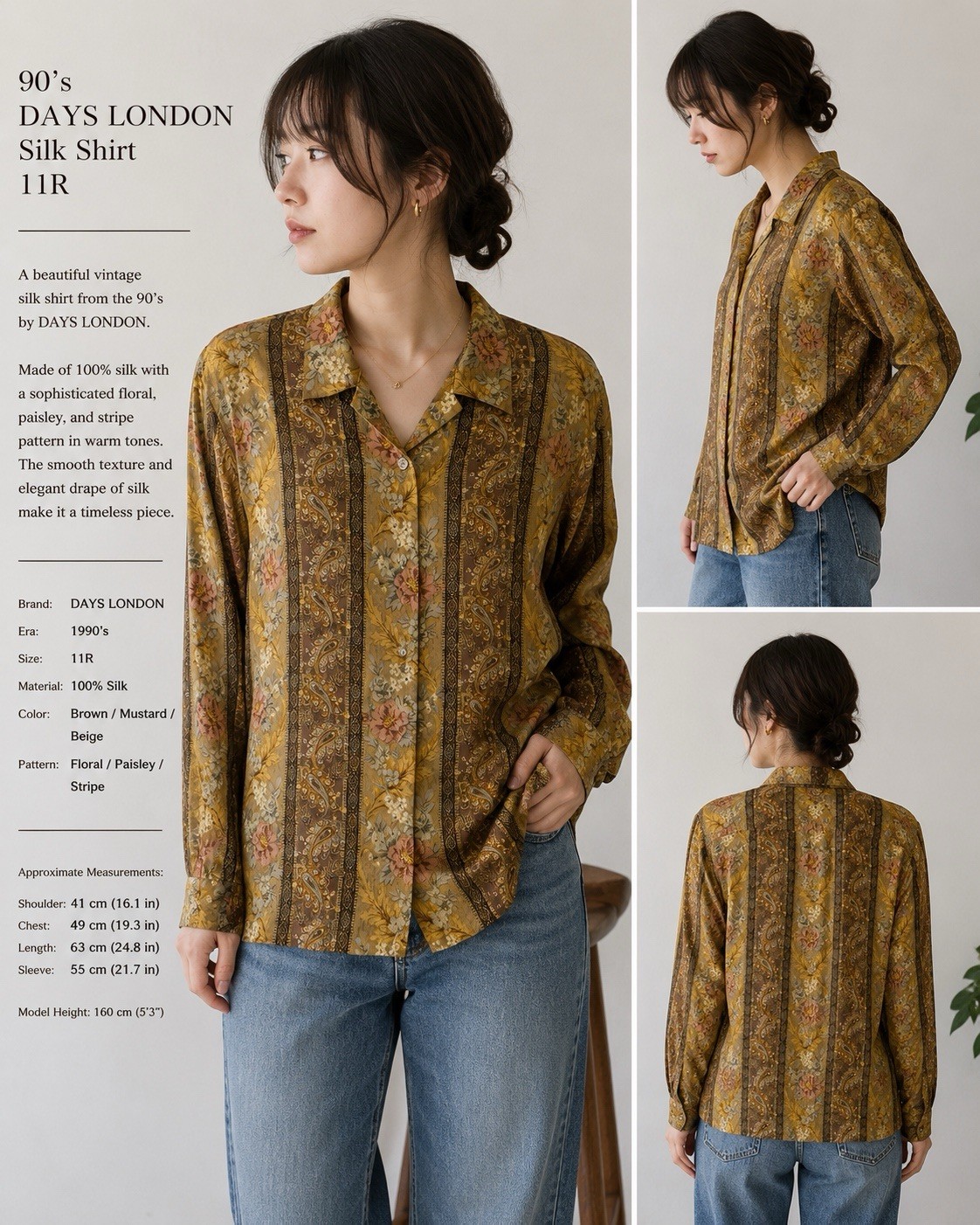 90s DAYS LONDON Vintage Silk Shirt Women 11R 100% Silk Floral Paisley Stripe