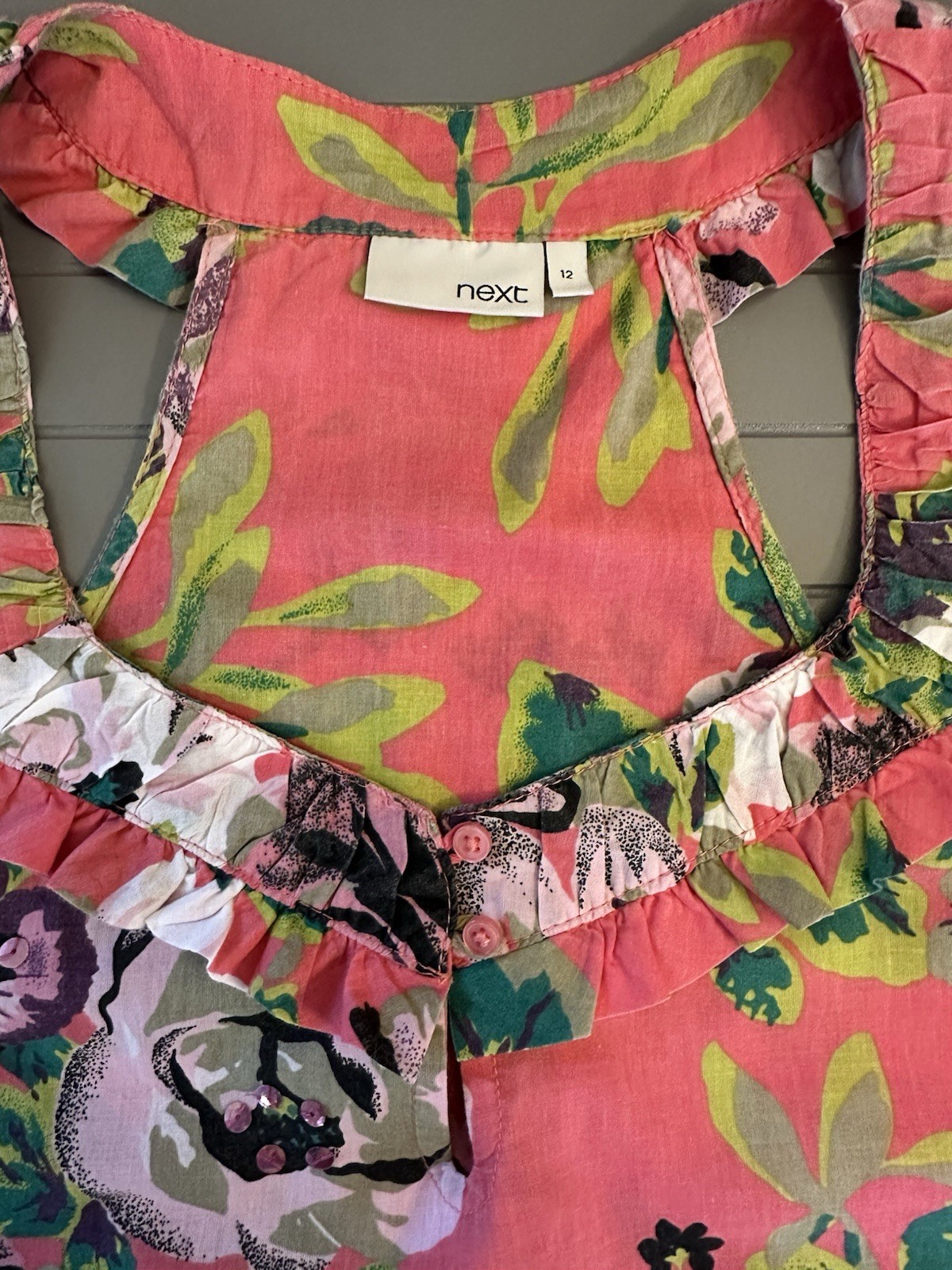 NEXT Bold Floral Top 100% Cotton Pleated Neckline Button Tie Hem Sequin Size 12