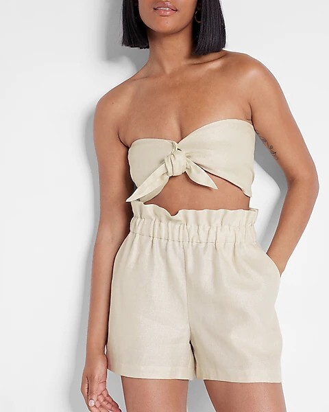 NWT! EXPRESS Size Large Women’s Brown Linen Crop/Tube Top Bow Front