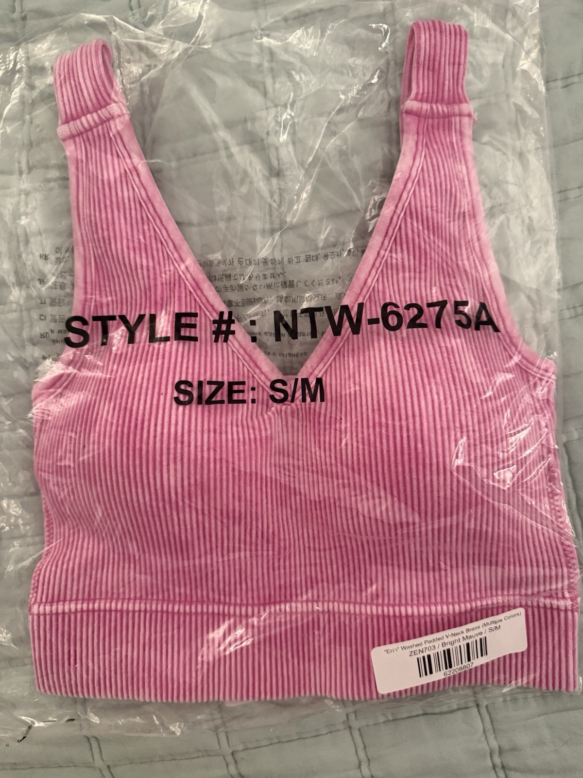 Zenana Ribbed Stone Wash V Neck Bralette PADDED BRIGHT MAUVE S/M Style# 6275 NEW