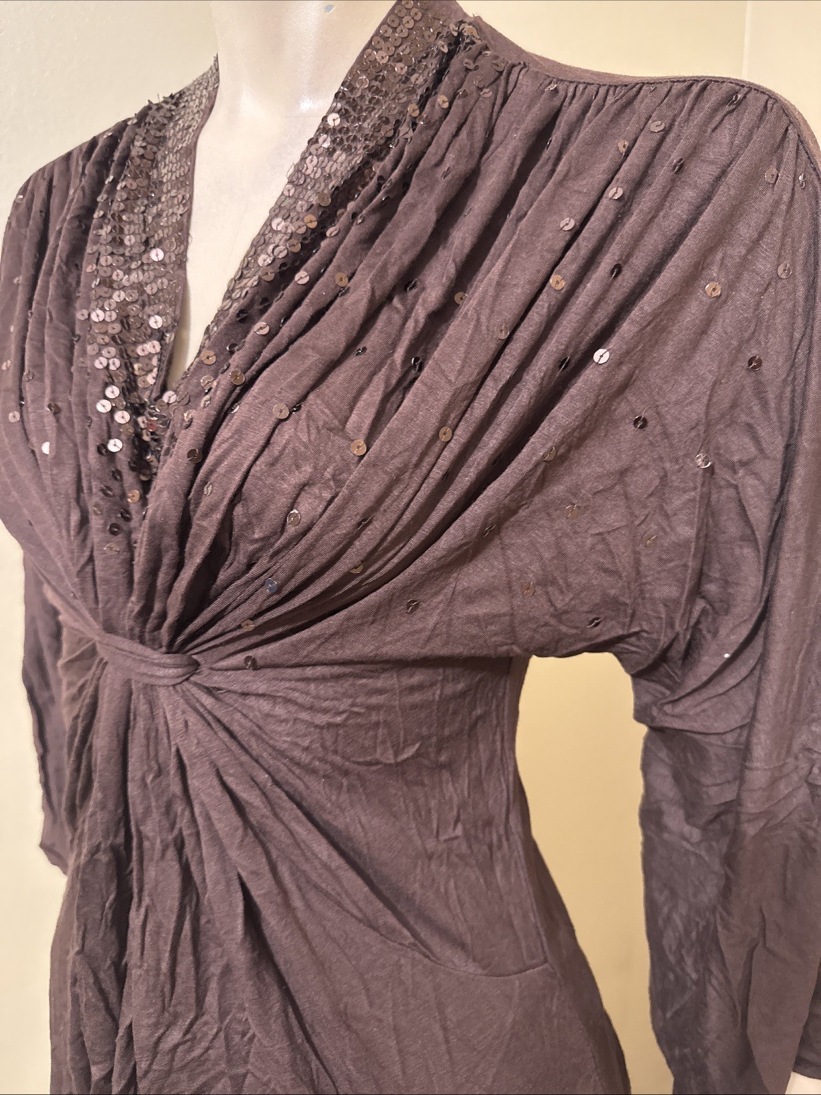 Women’s Brown Rayon Casual Pleated Stretch Beaded Bundle Size L Blouse Top