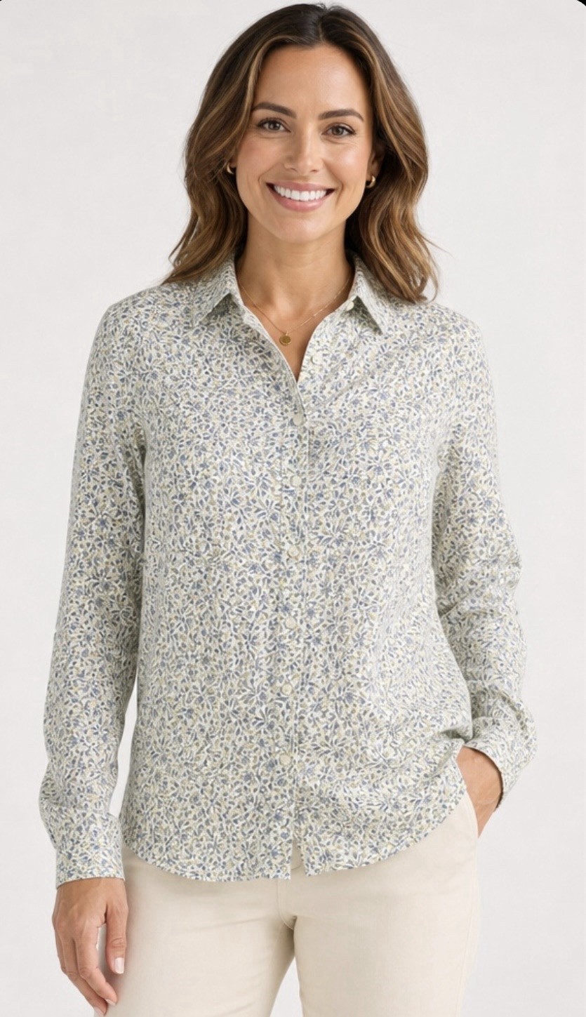 LANDS’ END NWOT Women’s Cotton Floral Button Up Shirt In Cream|Blue|Yellow-XL