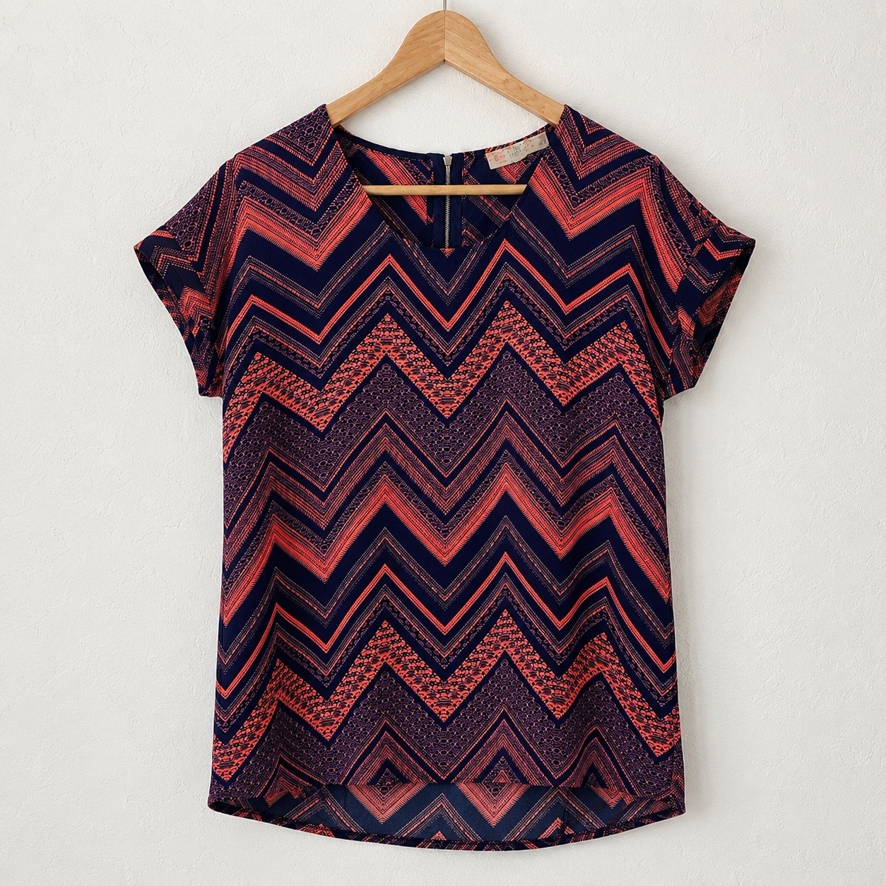 Pink Republic Navy Coral Chevron Zig Zag V-Neck Zipper Short Sleeve Blouse XL