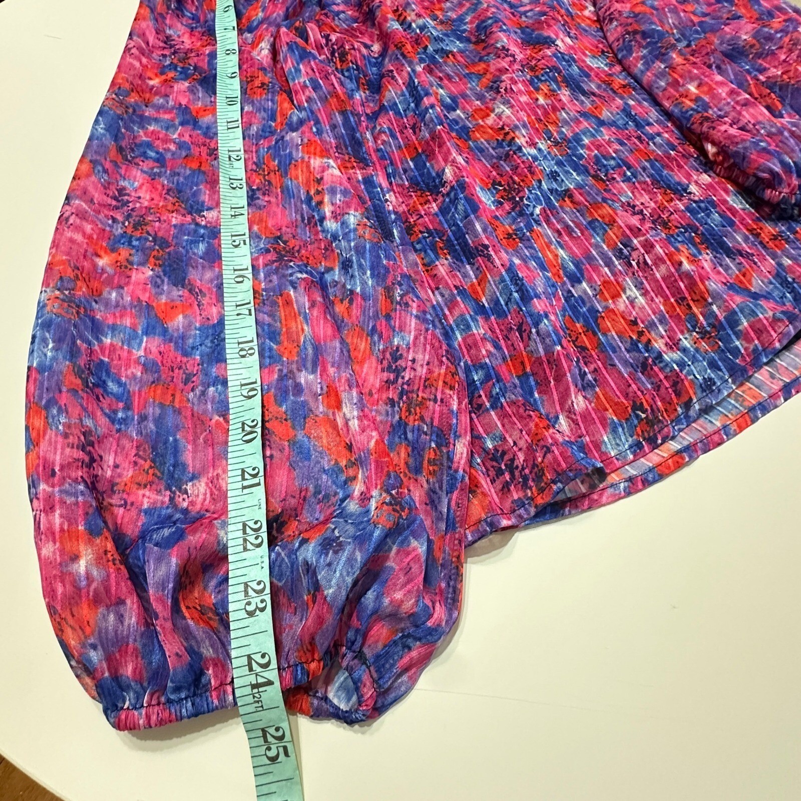 Skies Are Blue Floral Balloon Sleeve Blouse Women M Pink Ruffle Airy Flowy Sheer