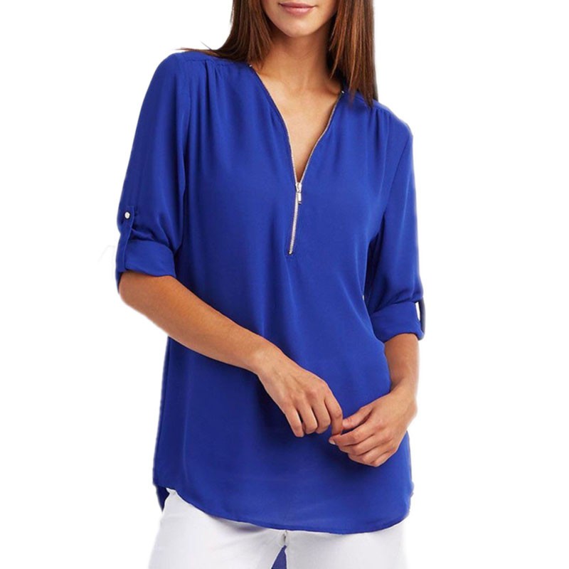V-neck zipper oversized sleeveless loose chiffon shirt