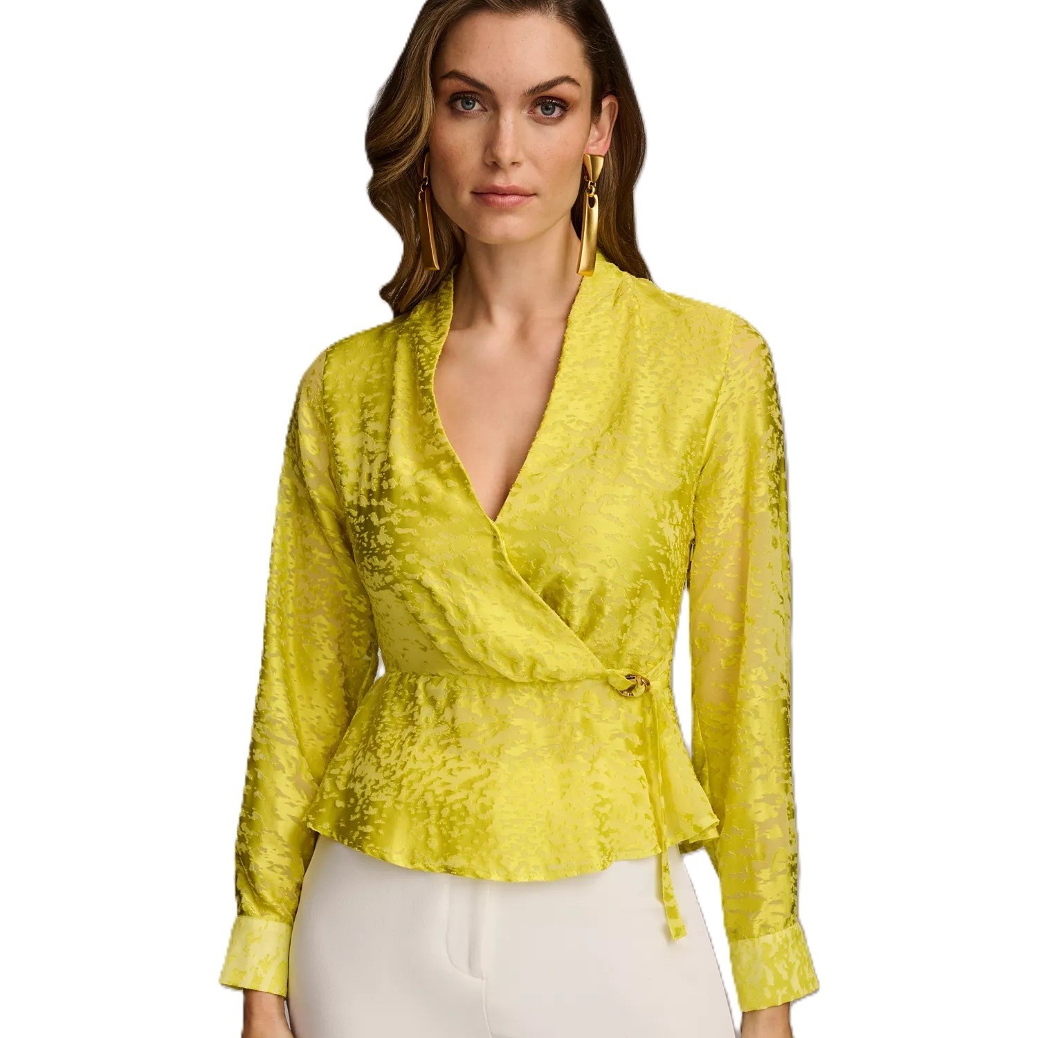 Donna Karan Womens L Long Poison Yellow Faux Wrap V Neck Blouse Top NWT O80