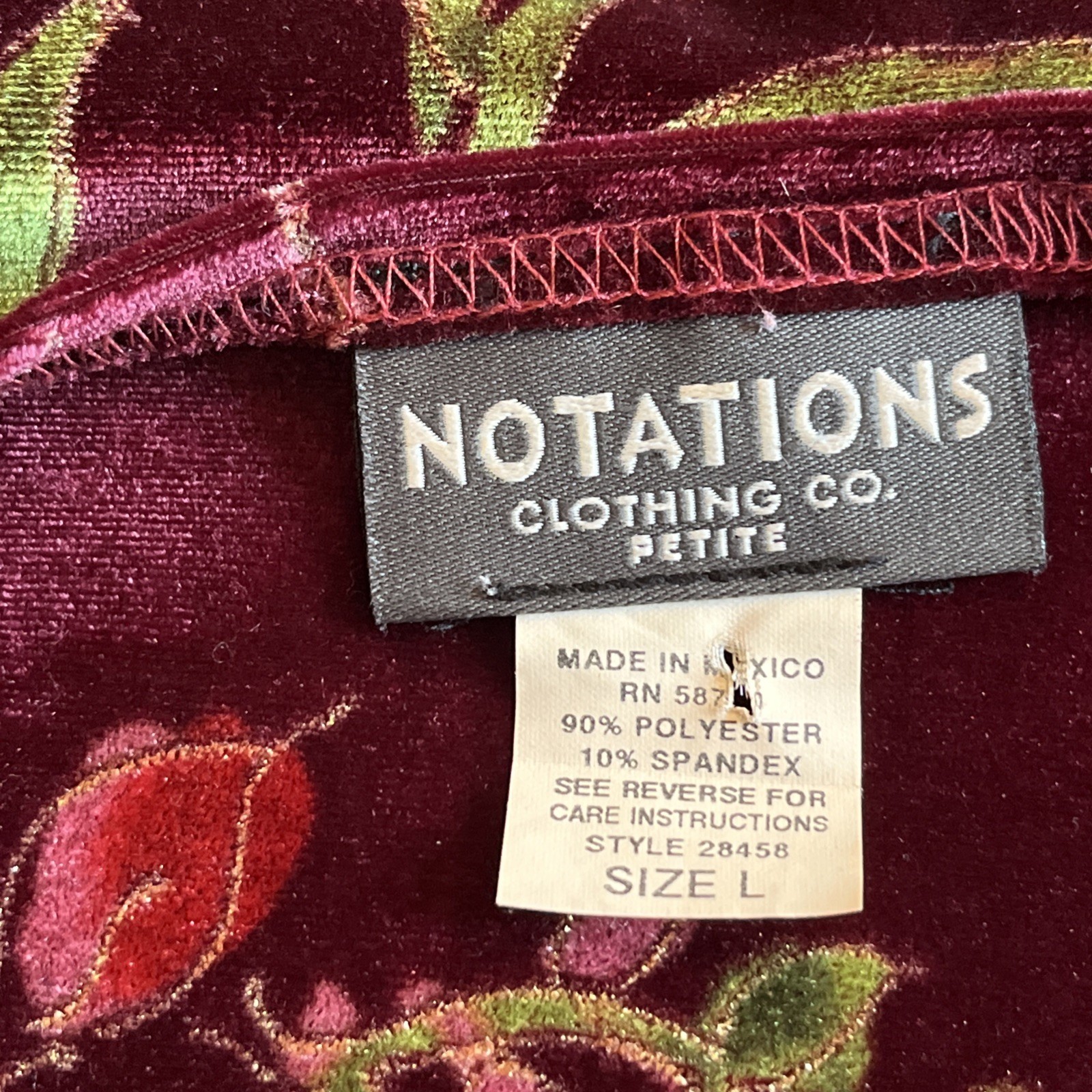 Notations Top Women’s Size L Floral Burgundy Velvet Burnout Long Sleeve Blouse