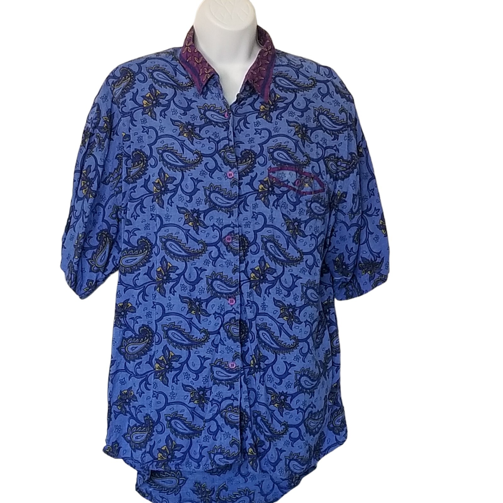 High Advantage Shirt Womens 22 Vtg 80s Short Sleeve Paisley Blue Button Up Hi Lo
