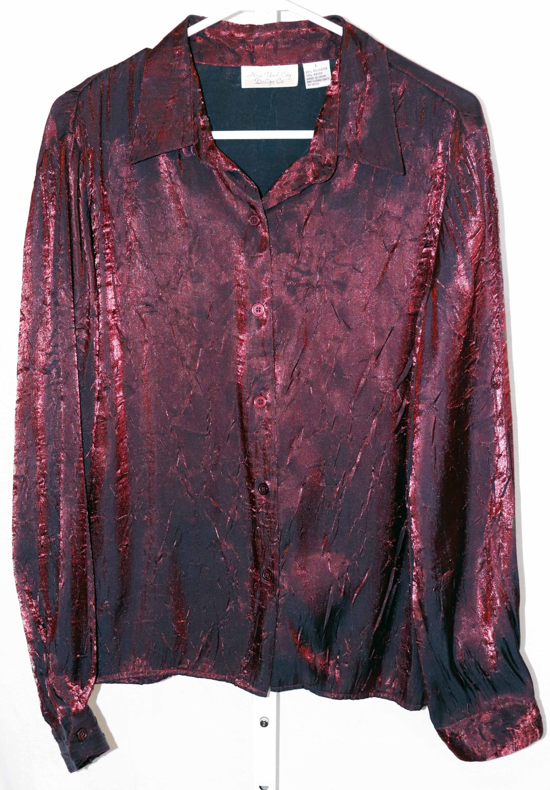 Dazzling New York City Design Co. Metallic Burgundy Red L/S B-D Shirt Size L EUC