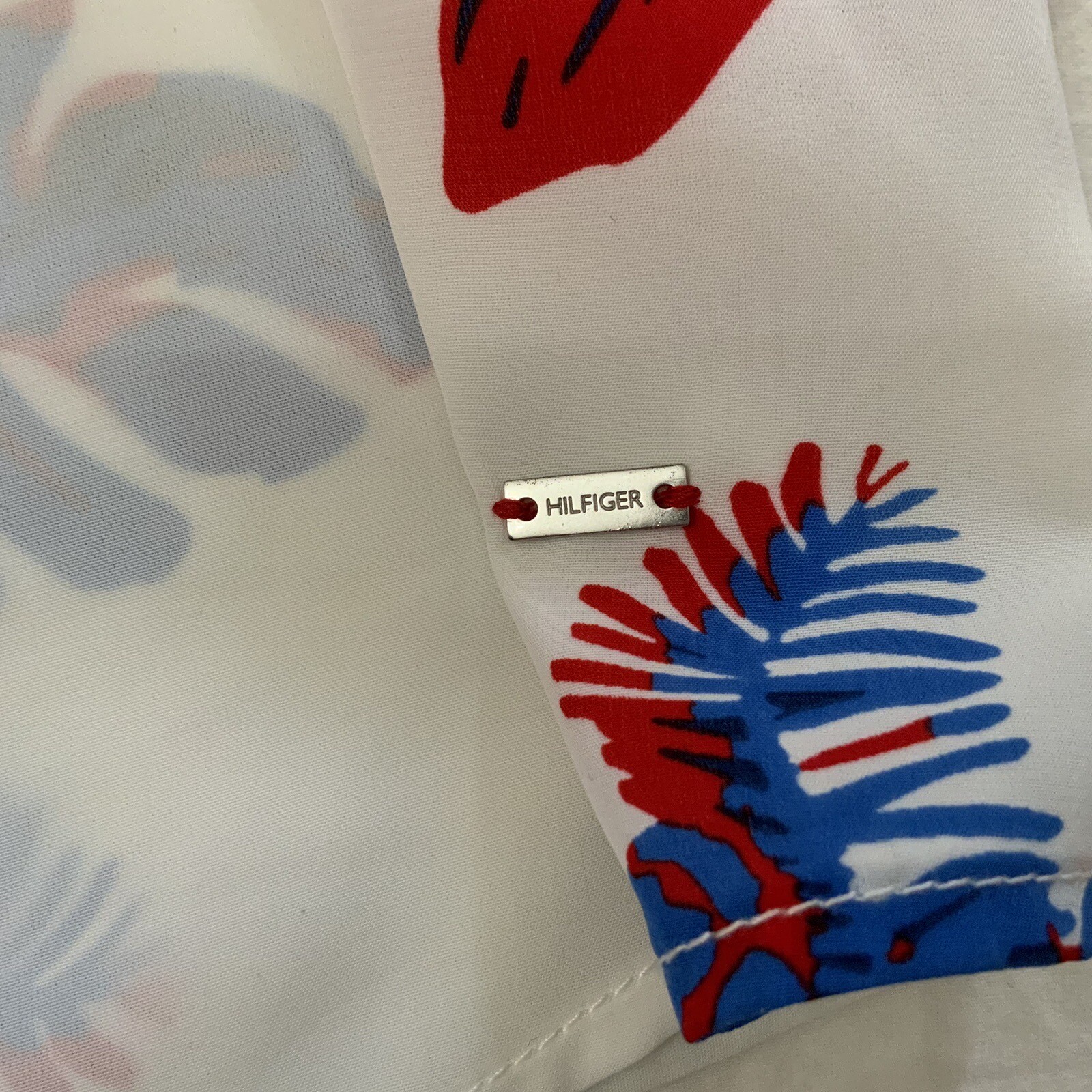 Tommy Hilfiger Hibiscus White Red Blue Multi Printed Tie-Neck Blouse Size Large