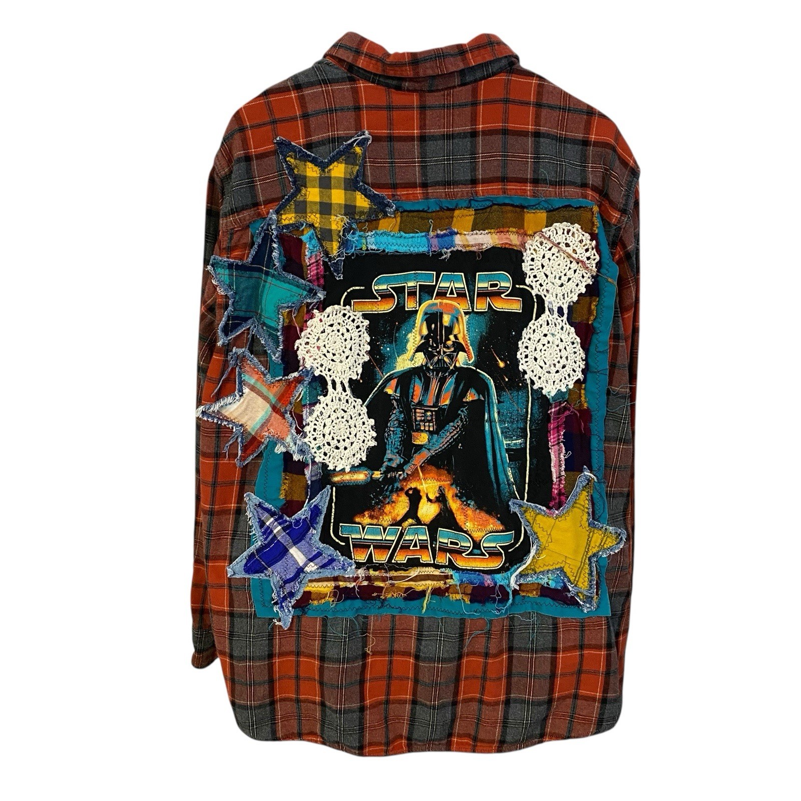 Upcycled Flannel Shirt Shacket Womens 3X Star Wars Patchwork Festival Folk Art