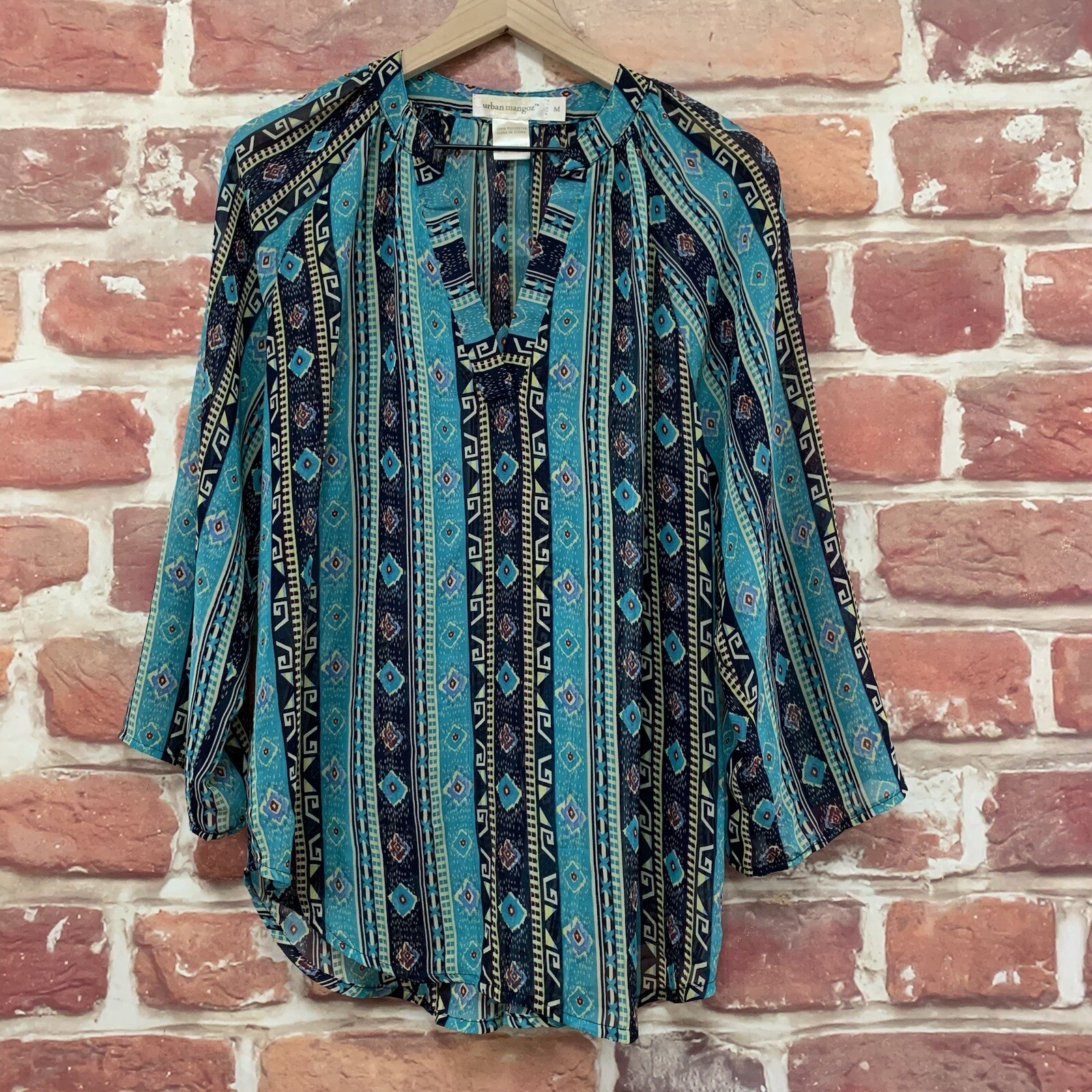 Urban Mangoz Top Shirt Womens Medium Blue Multicolor Boho Abstract Sheer Blouse